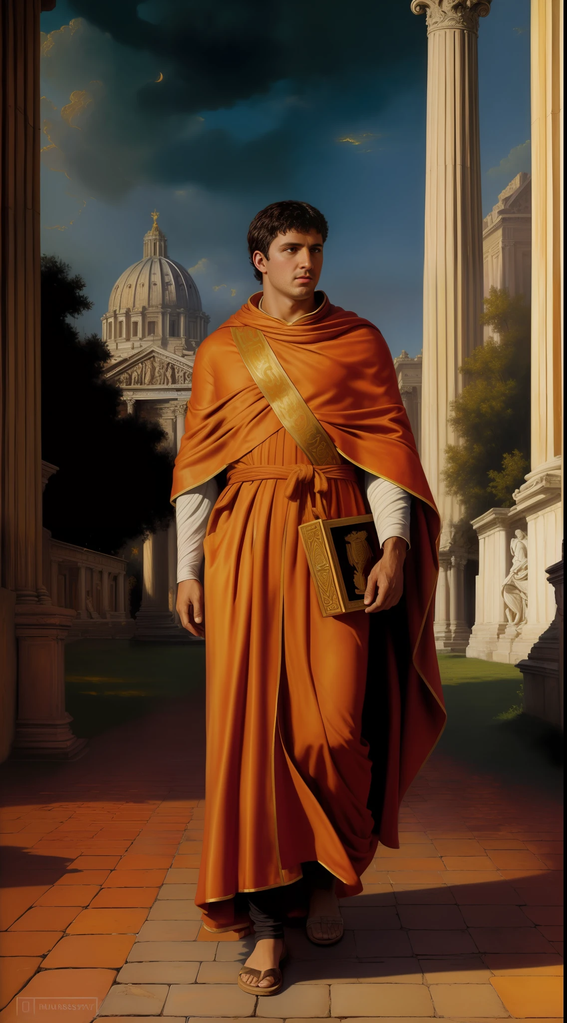 (masterpiece, high resolution, oil painting, realistic style by Greg Rutkowski:1.4), teenage Roman Emperor Romulus Augustus, (imperial robes:1.3), golden laurel crown, looking back at the ancient city of Rome, leaving alone, footpath lined with marble statues, late sunset, (sky filled with hues of fiery reds and oranges:1.2), silhouettes of grand architecture, (shadows cast long on cobblestones:1.2), 5th-century setting, somber, full body view.