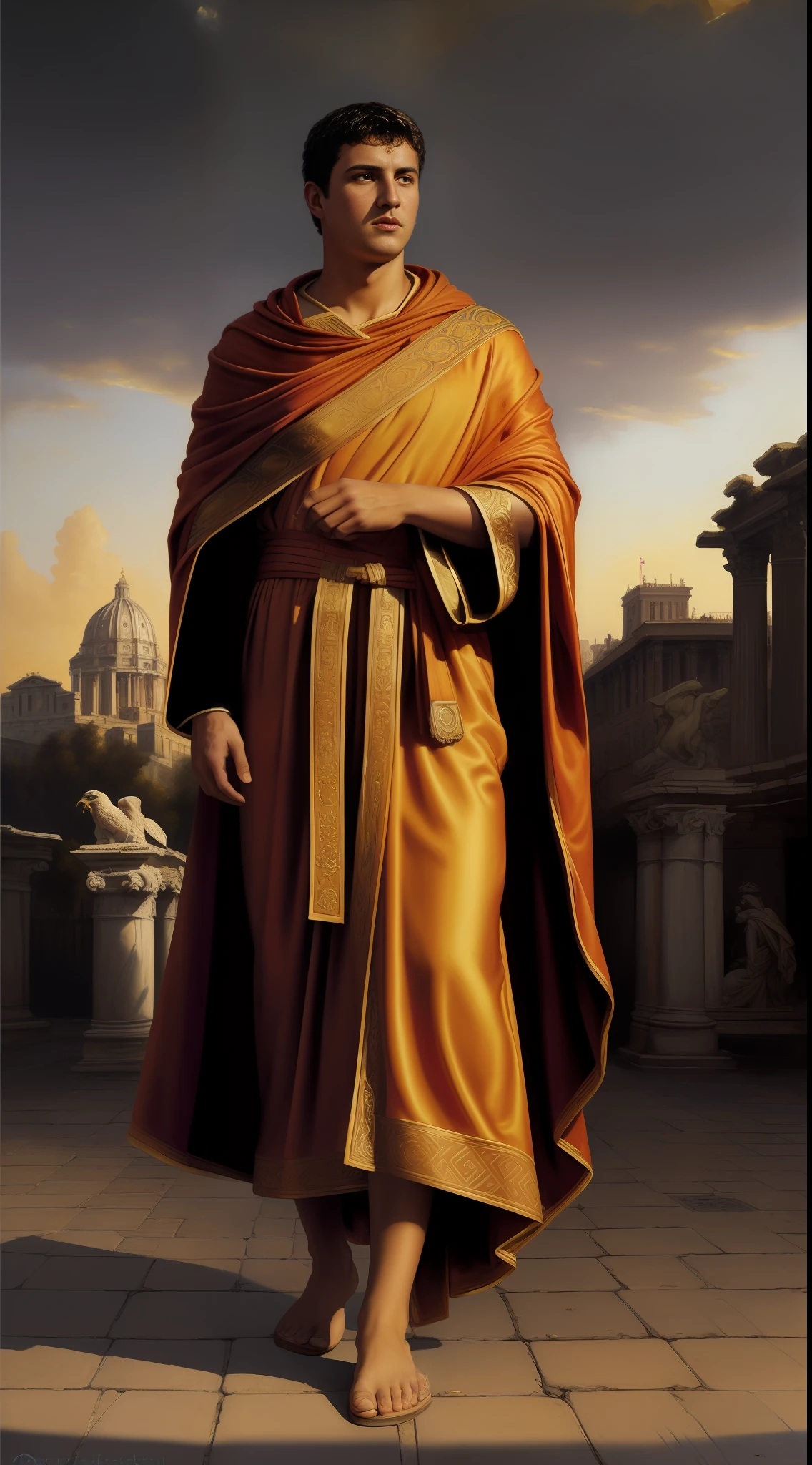 (masterpiece, high resolution, oil painting, realistic style by Greg Rutkowski:1.4), teenage Roman Emperor Romulus Augustus, (imperial robes:1.3), golden laurel crown, looking back at the ancient city of Rome, leaving alone, footpath lined with marble statues, late sunset, (sky filled with hues of fiery reds and oranges:1.2), silhouettes of grand architecture, (shadows cast long on cobblestones:1.2), 5th-century setting, somber, full body view.