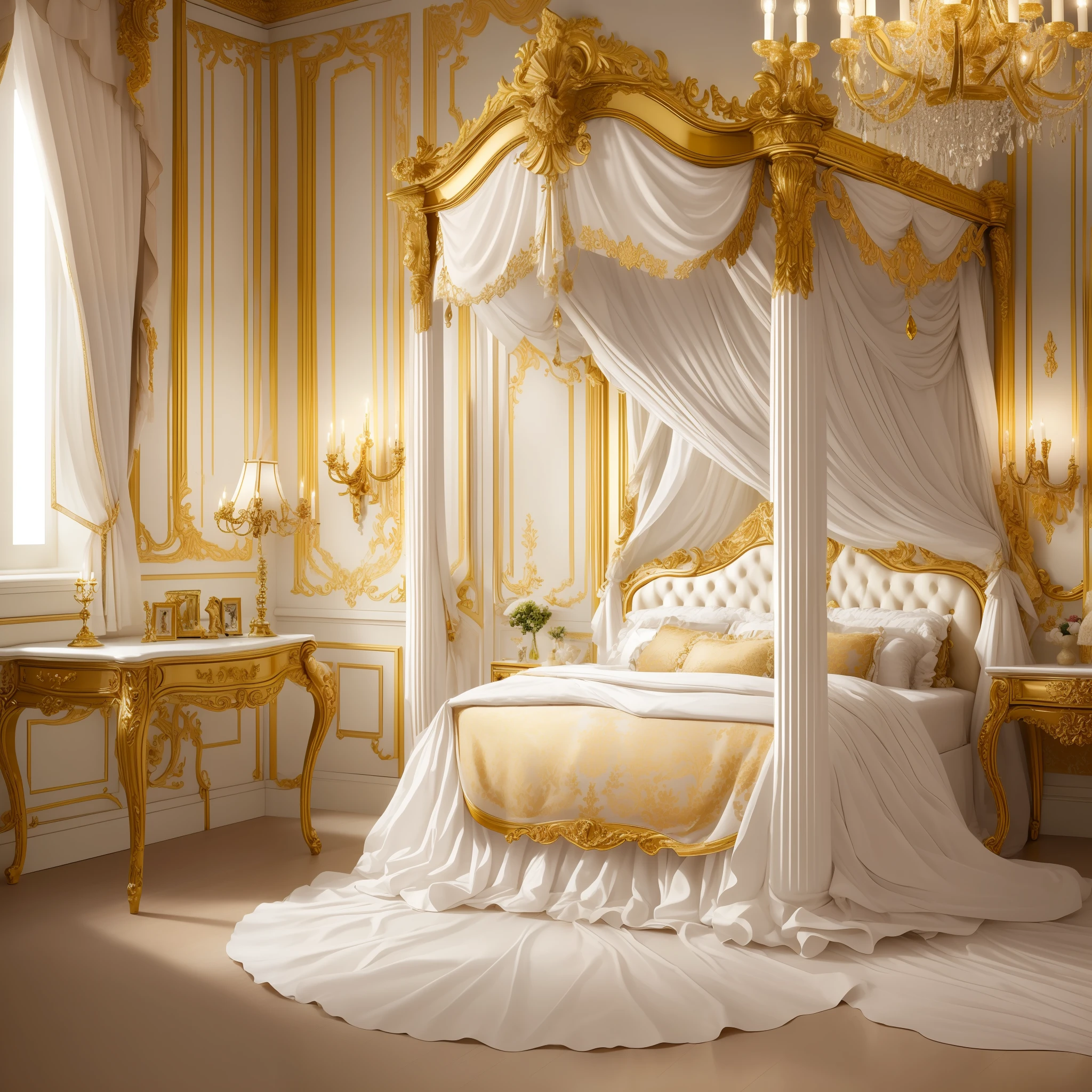 masterpaintings,hightquality,optimal quality,masamune,super detaill,inside room,European palace bedroom dresser,Luxurious décor,European classical style,golden colour,Silk details,Mirror,dresser,dresser,Neoclassical bedroom,Beds,wardrobe,drapes,Colorful crystal ornaments on the surface of windows,gentlesoftlighting,Exquisite skincare,Details are highlighted,High-detail light and shadow effects。