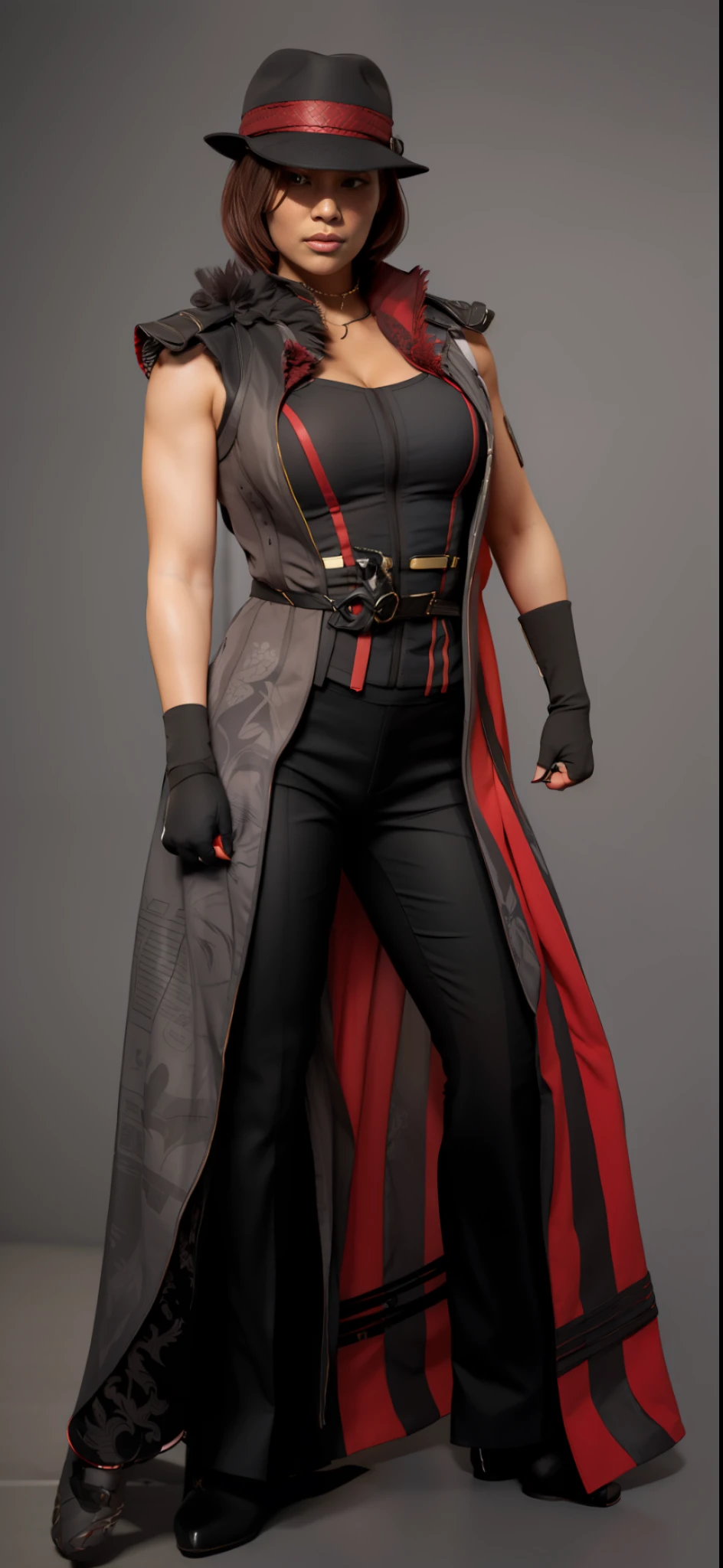Realistic style A woman dressed in a black and red outfit and hat, En tant que personnage dans Tekken, full body x-force outfit, albert wesker full body portrait, full body shot hyperdetailed, scarlet witch costume, highly detailed full body, full body close-up shot, manteau long noir et rouge, female lead character, merveilleux designer, Rendu divin