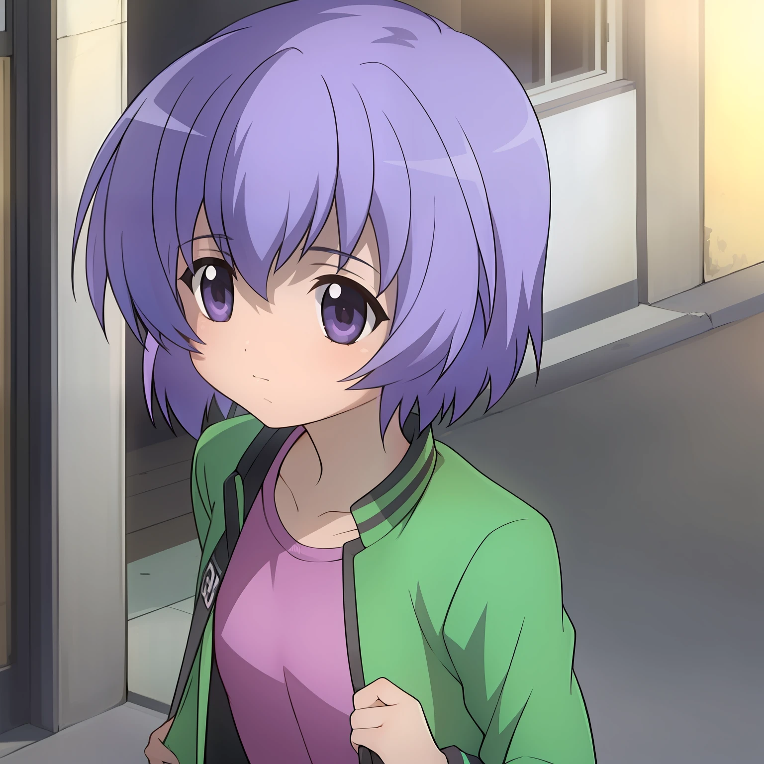 Aniscreen, 1girl, solo, purple hair, short hair, wearing jacket, city, outside