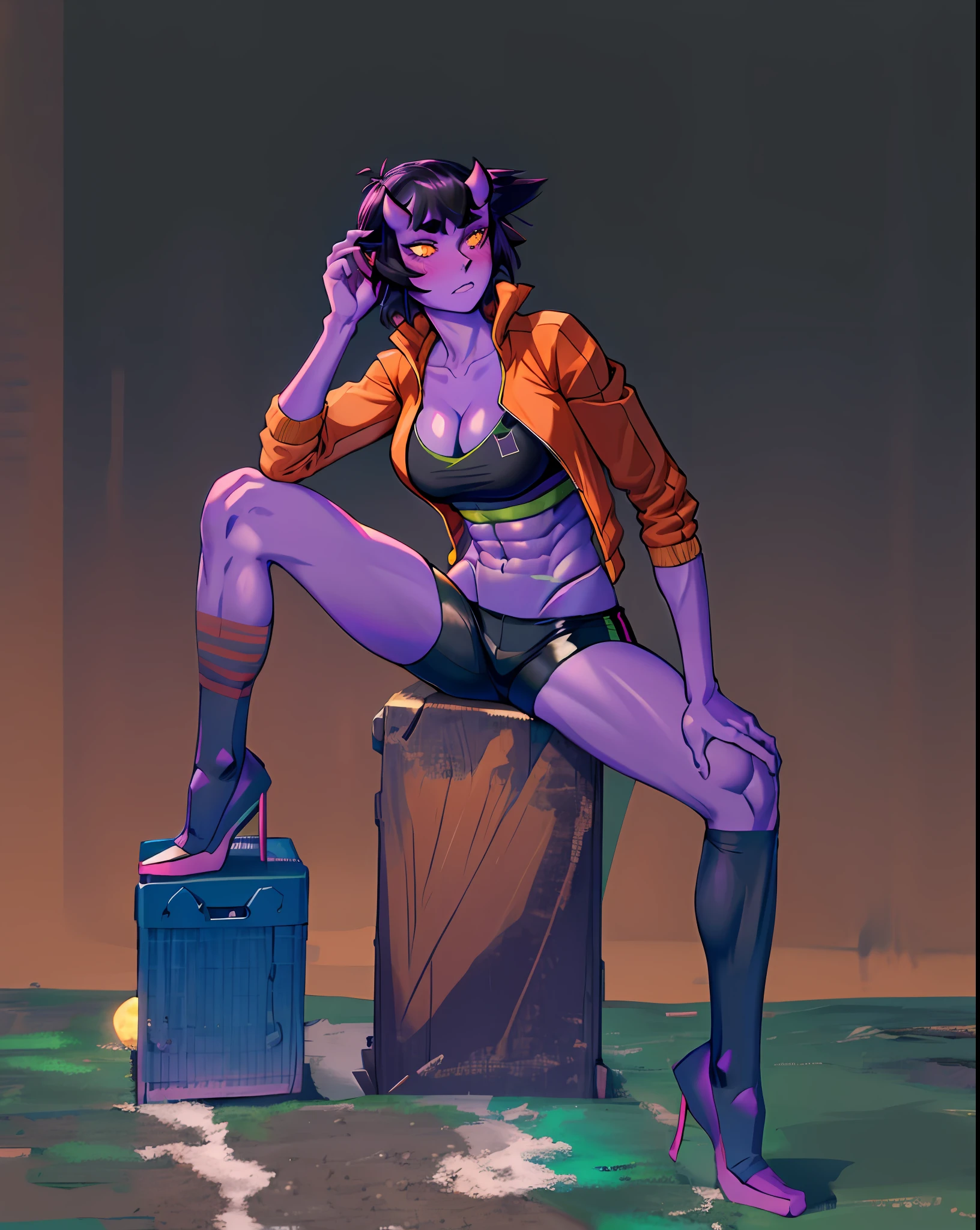 (masterpiece, best quality, absurdres), Ume, oni, slit pupils, cowboy shot, glowing eyes, breasts, cleavage, purple skin, blush, bike shorts, hand in pocket, against railing, track jacket, black shorts, muscular, midriff, abs, beach