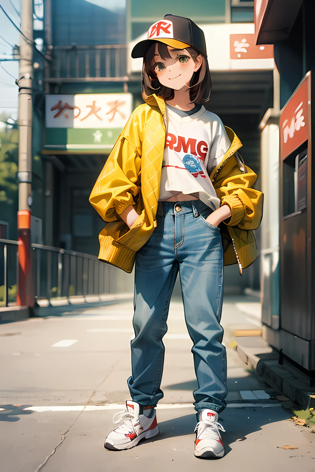 A masterpice、最好质量、16 K、Textured skin、One woman、cheely smile、Brown hair、Baseball Cap、Sweatshirt、baggy jeans、White sneakers、Pulling Picture