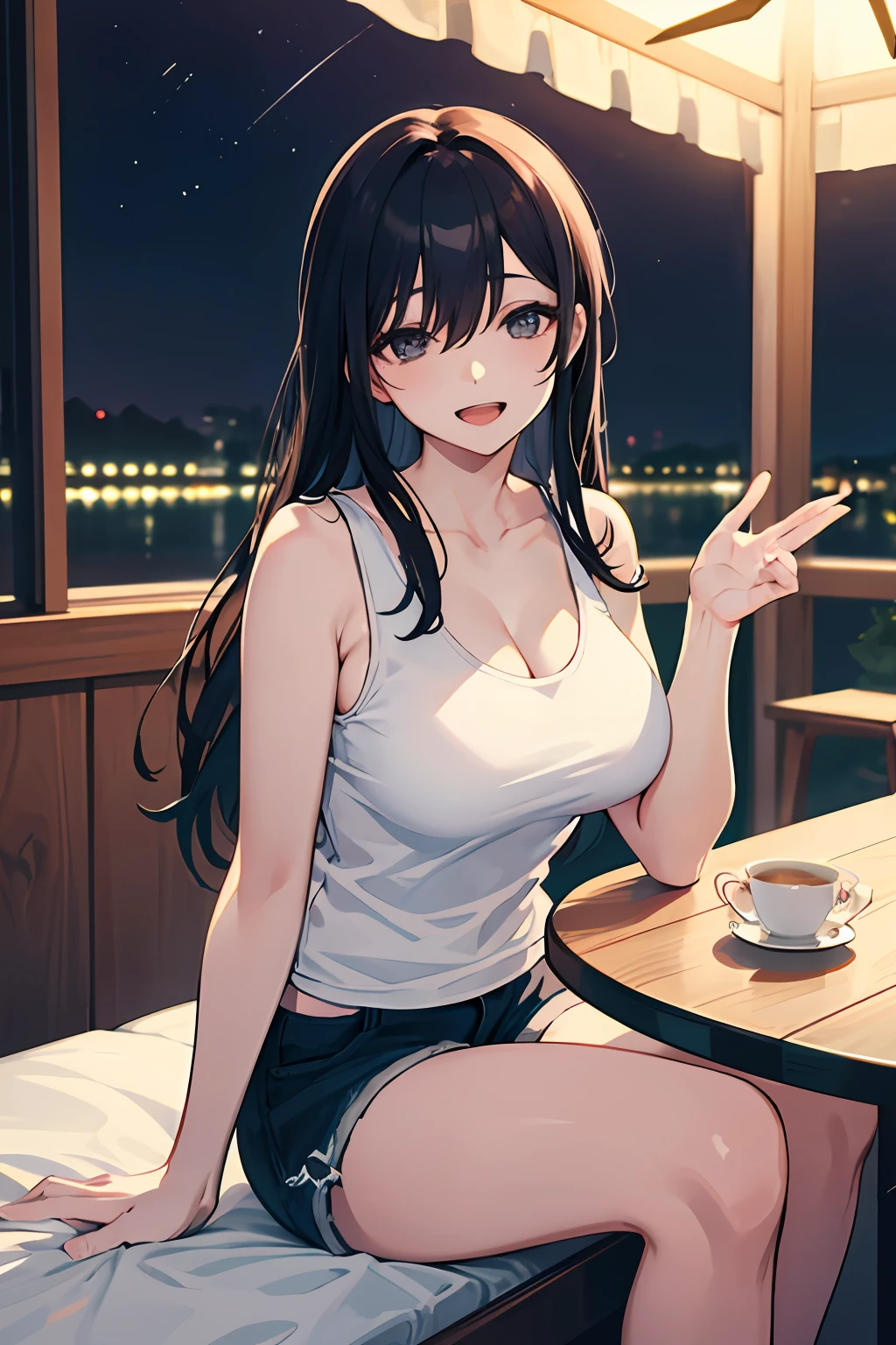 best quality, (masterpiece:1.2), highly detailed, indoors, bed, table,
1girl, solo, ogiwara sayu,
looking at the viewer, big breasts, slight smile, open mouth,
eyes, Black hair, long hair, Tank top, Short_Shorts, sitting,night