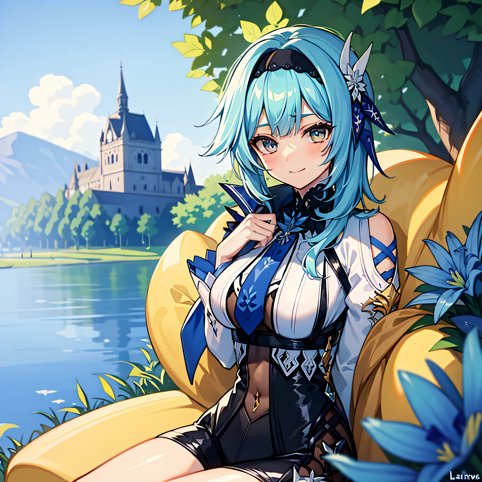 (antecedentes extremamente detalhados) (melhor qualidade), (mais alta qualidade), (obra-prima) , (ultra-detalhado) , Eula Lawrence, peitos enormes, bundas grandes, coxas grandes, Your MILF skin is oily, olhar sedutor, sorriso sedutor, blush, blue skies, cabelo longo, olhos castanhos , sitting in a garden of blue lilies, Blue lilies , olhando para o espectador , solo ,4k , 8k ,