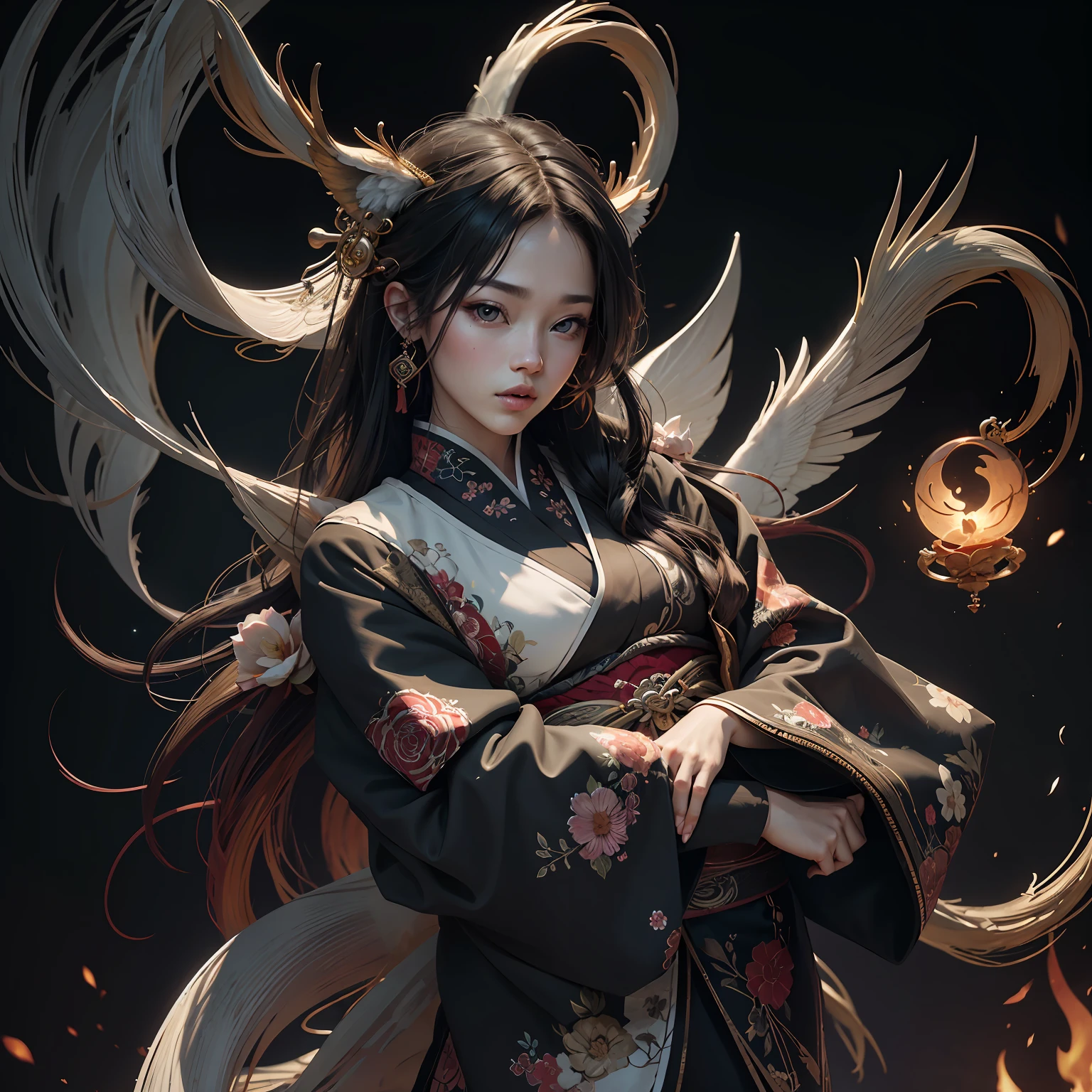Ink wind，Teen girls，Surreal style，Hanfu with phoenix pattern，Hyper res，Beautiful look，pretty eyes，Cute mouth，the golden ratio，length hair，4K --auto