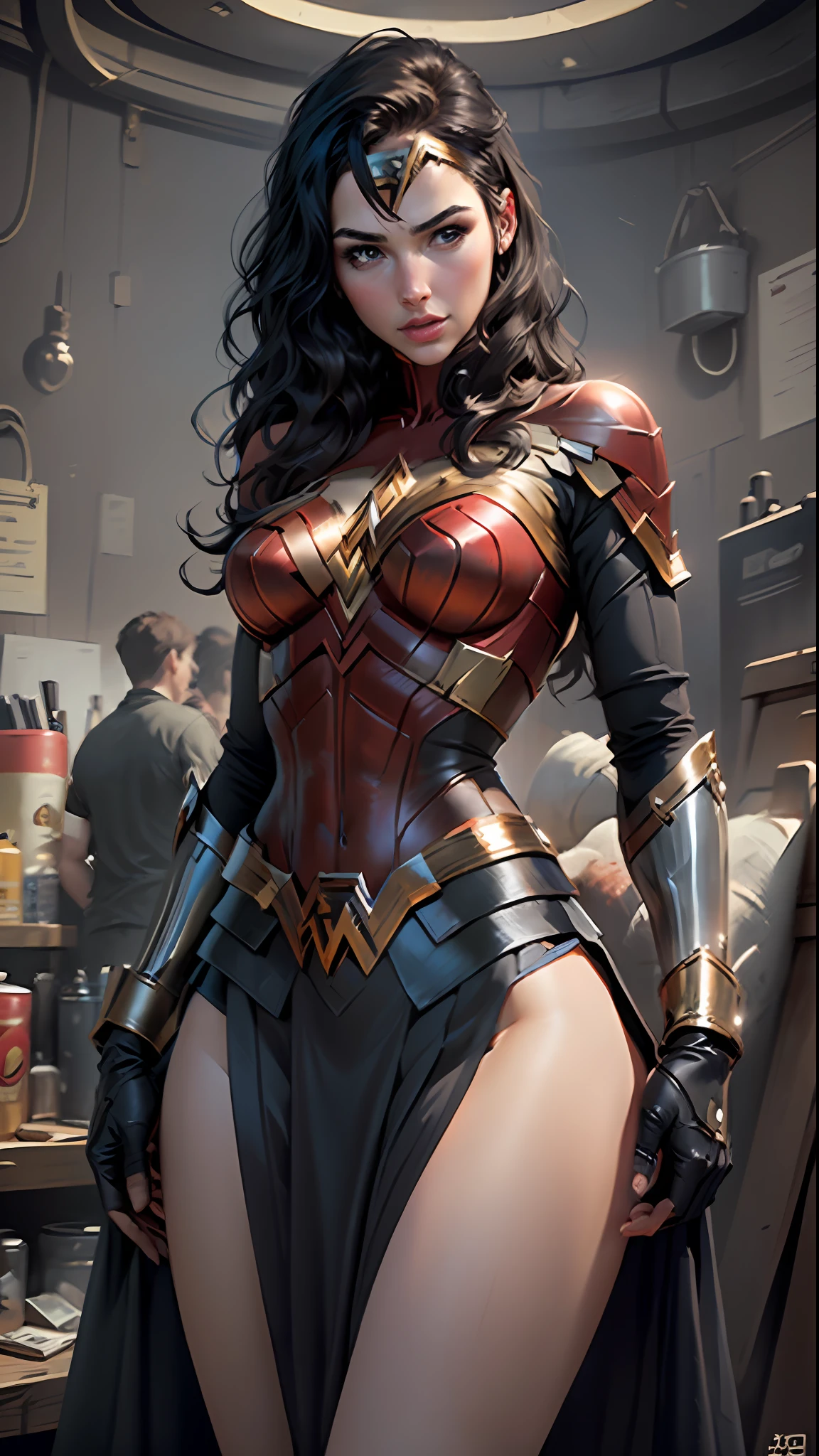 (best quality)), ((masterpiece)), ((realistic)), (detailed), detailed face, wonder woman (gal gadot)Beautiful woman (20s, long black hair, blue eyes) defined, detailed body, wearing tube dress wonder woman(((huge breasts)))