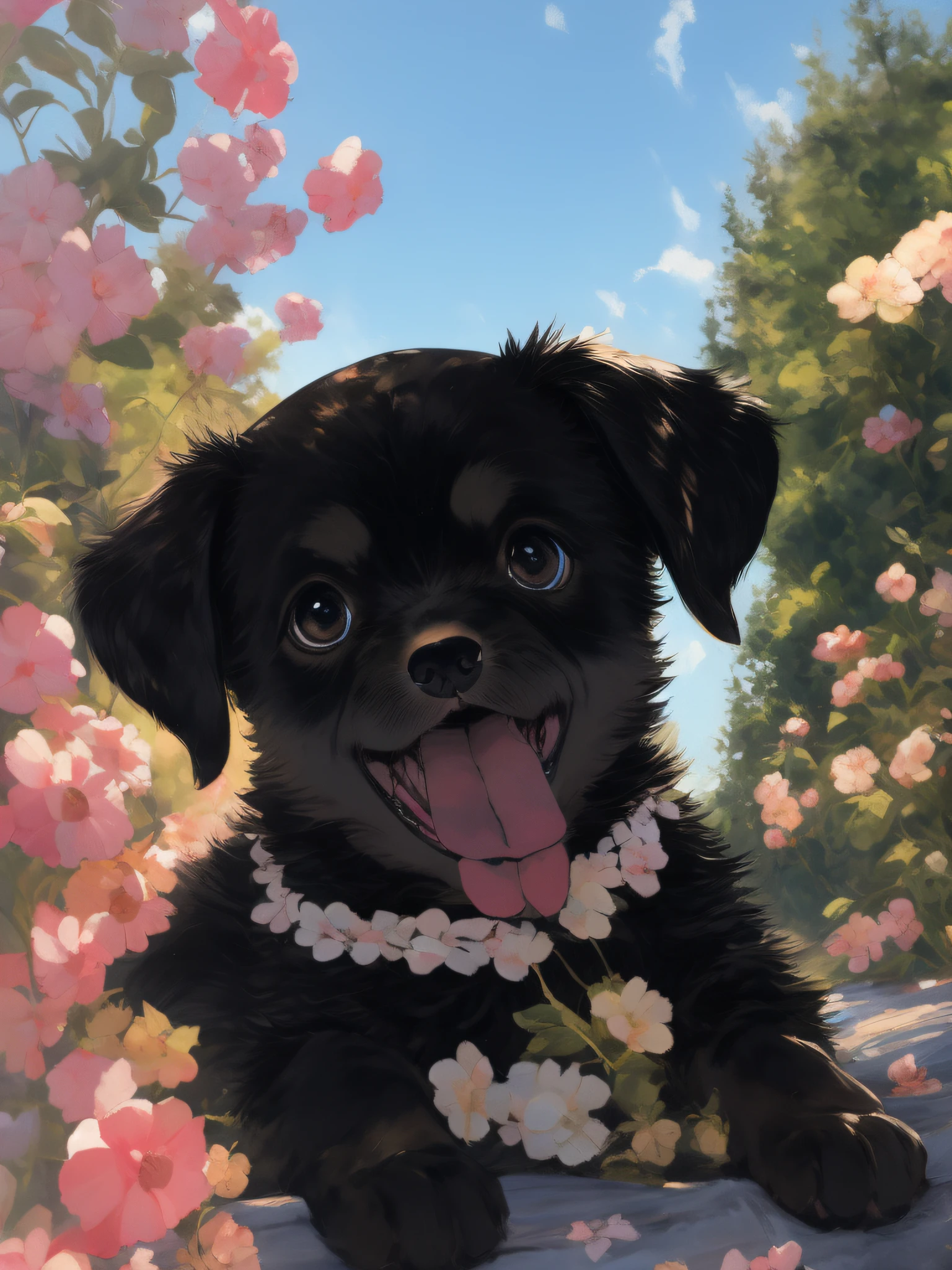 in a oil painting style，Colorful，The main body is a completely black Labrador puppy，The puppy stuck out its tongue，Green trees in the background、Colorful slides and blue sky，style of anime，in a oil painting style，Detailed，Artistic，cute pubic hair，Remove the person on the left，Remove the hand in the lower left corner