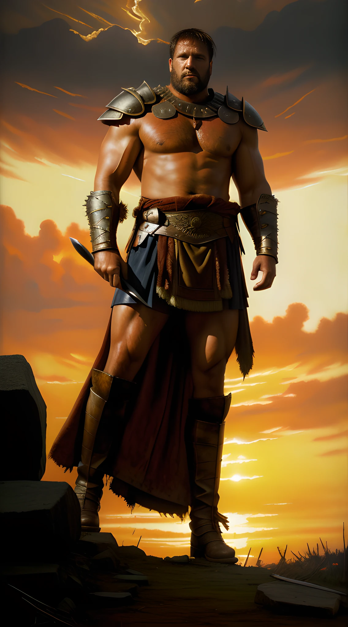 (masterpiece, oil painting, best quality, realistic style by Greg Rutkowski:1.3), imposing Germanic barbarian king, (battle-hardened face:1.2), (powerful physique:1.1), 5th-century war-torn armor, brandishing a blood-stained sword, on a Roman battlefield, broken shields and fallen soldiers, tumultuous sky, war-torn setting, dynamic angle, (fiery sunset hues:1.1), intense emotion, full body view, standing tall.