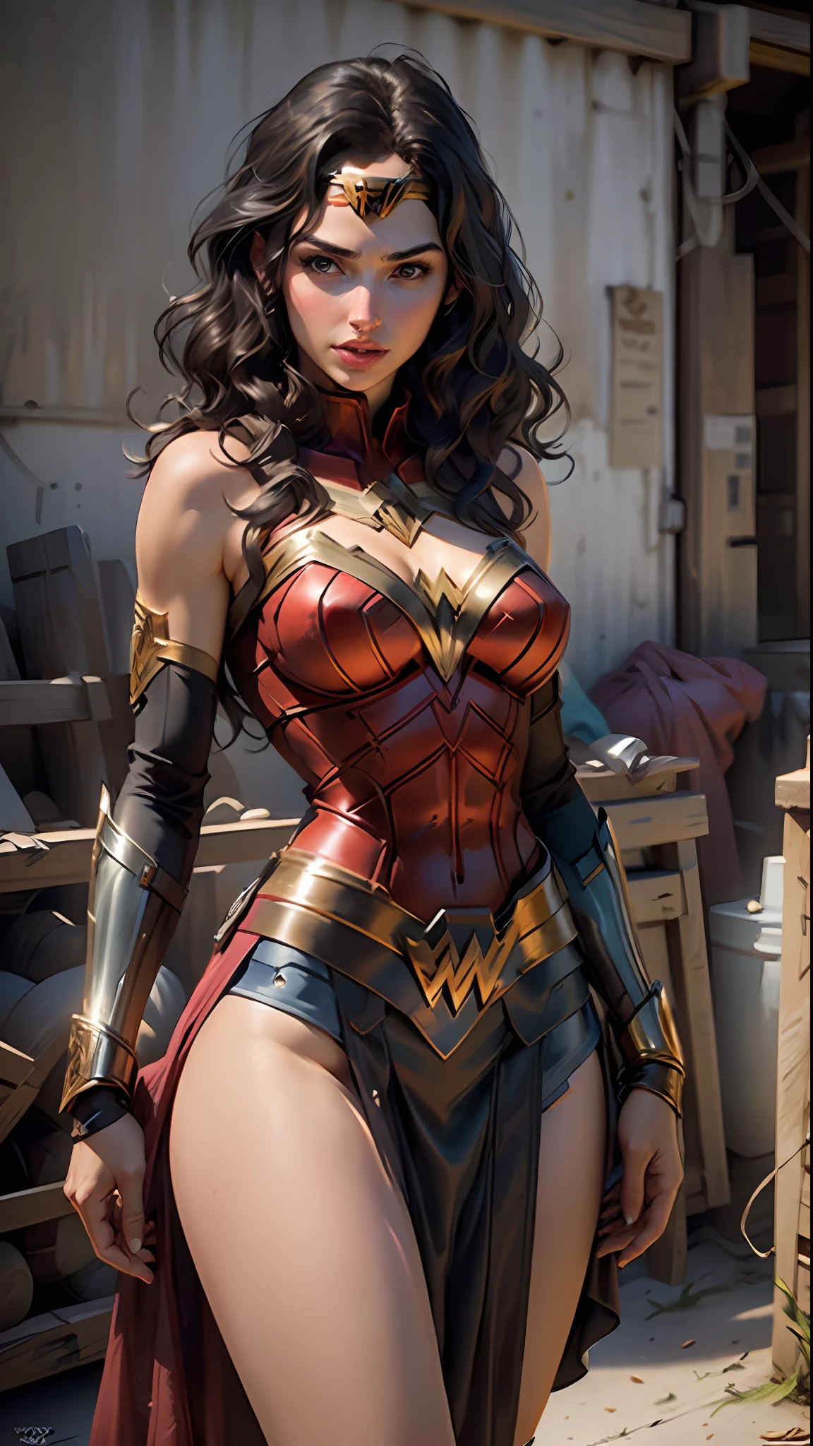 (best quality)), ((masterpiece)), ((realistic)), (detailed), detailed face, wonder woman (gal gadot)Beautiful woman (20s, long black hair, blue eyes) defined, detailed body, wearing tube dress wonder woman(((huge breasts)))