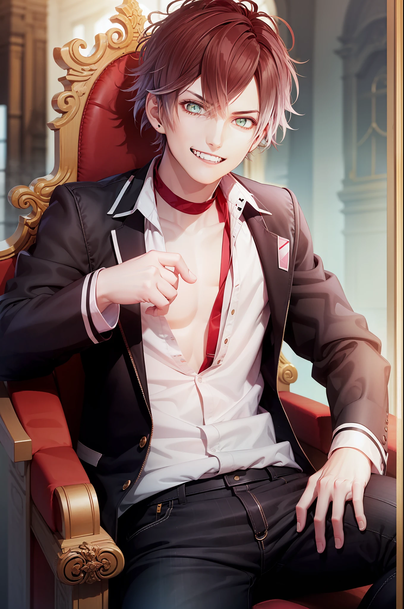 ((sitting)), throne, perfect eyes:1.2, detailed eyes:1.4, (masterpiece, best quality:1.2), vampire teeth, in water, flowers, male focus, 1boy, sakamaki ayato, grin, looking at viewer, hand on hip, red hair, open clothes, jacket, shirt, red necktie, black pants