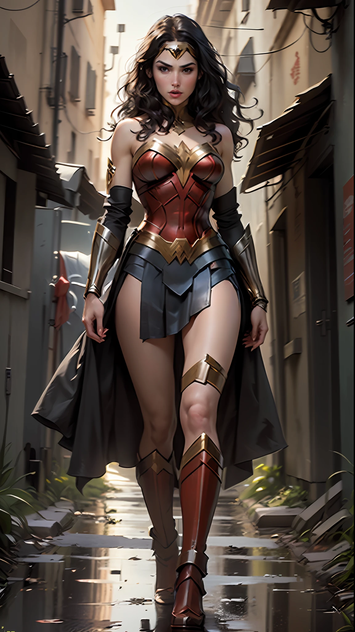 (best quality)), ((masterpiece)), ((realistic)), (detailed), detailed face, wonder woman (gal gadot)Beautiful woman (20s, long black hair, blue eyes) defined, detailed body, wearing tube dress wonder woman(((huge breasts)))