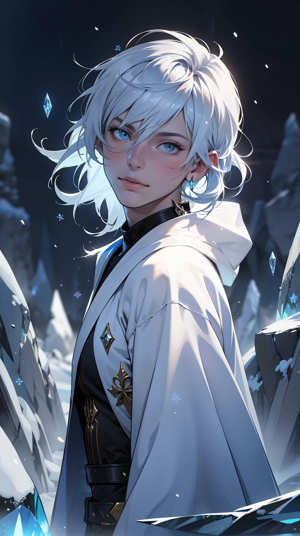 Libido boy，Young men，Super detailed wallpaper，Hi-Def，optimal quality，Snow and ice theme，Photorealistic photorealism，s fractal art，With light particles and volumetric light effects，crystal shards，Rendering，Ice and snow scenes，（crystal hair），Land of gems，（（（Transparent hair））），Simple white clothes，long white robe，holy glow，Dingdall effect