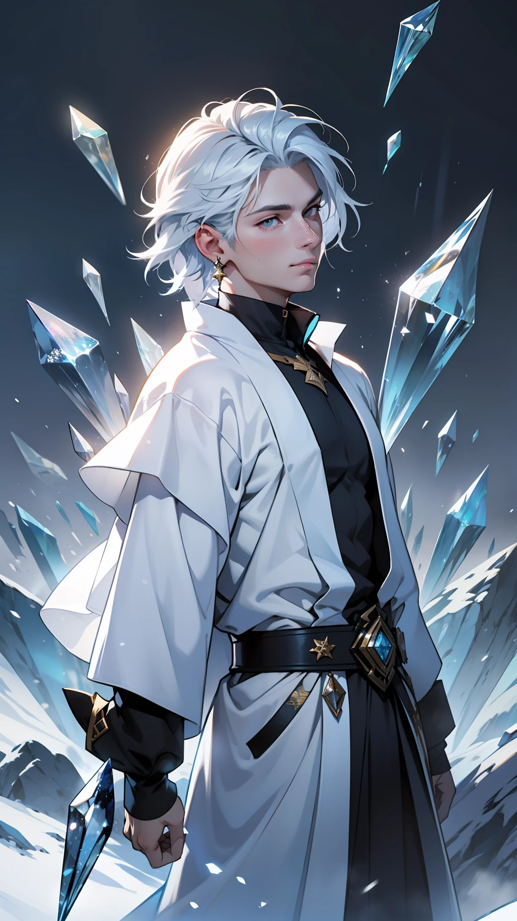 Libido boy,Young men,Super detailed wallpaper,Hi-Def,optimal quality,Snow and ice theme,Photorealistic photorealism,s fractal art,With light particles and volumetric light effects,crystal shards,Rendering,Ice and snow scenes,(crystal hair),Land of gems,(((Transparent hair))),Simple white clothes,long white robe,holy glow,Dingdall effect
