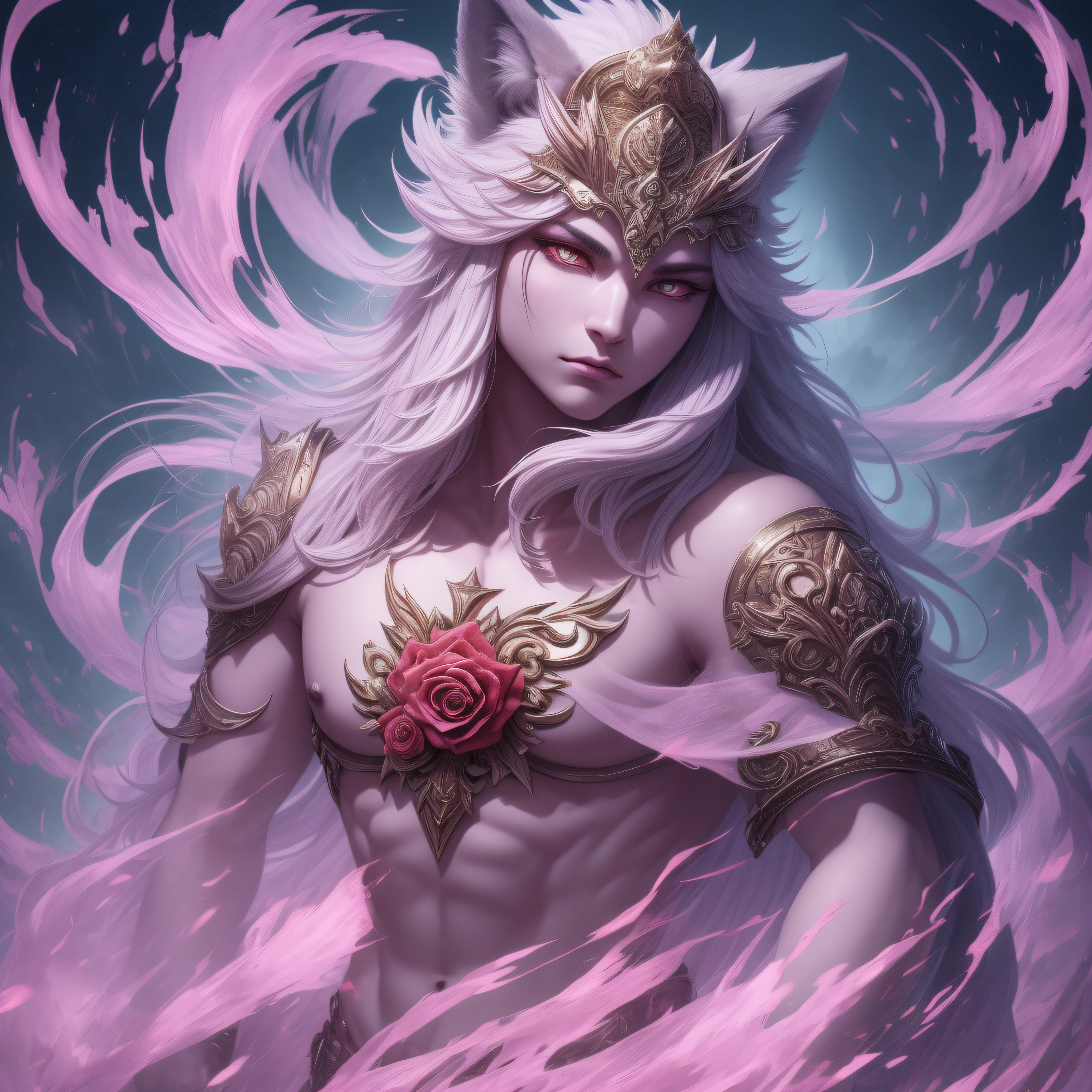 Preposterous，superdetailed，Create an image using the Hypermultipatch effect，A battle-hardened wolf king，Expressed in the imposing Rose Quartz mythological sculpture style，Beautiful rose quartz color scheme，Conveys a sense of serenity and natural beauty。to convey depth，Emotional and stunning visual impact。