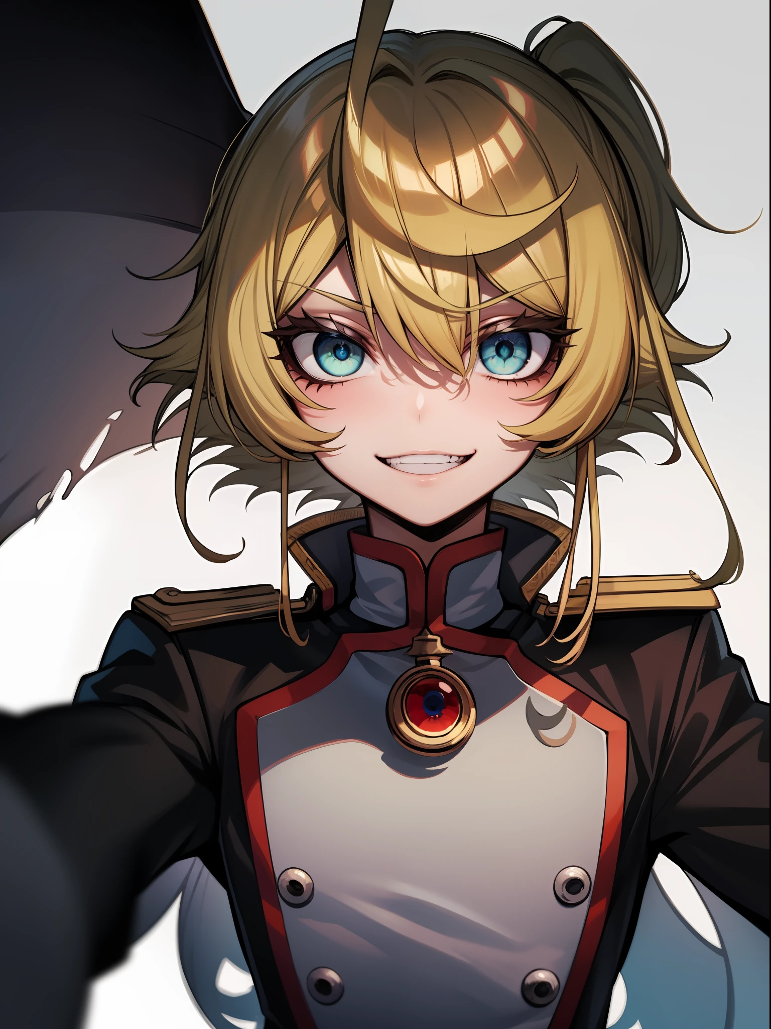 Tanya Degurechaff, Uniforme Miitar, sorriso maligno, baixa estatura, Olhos assassinos, psychotic eyes
