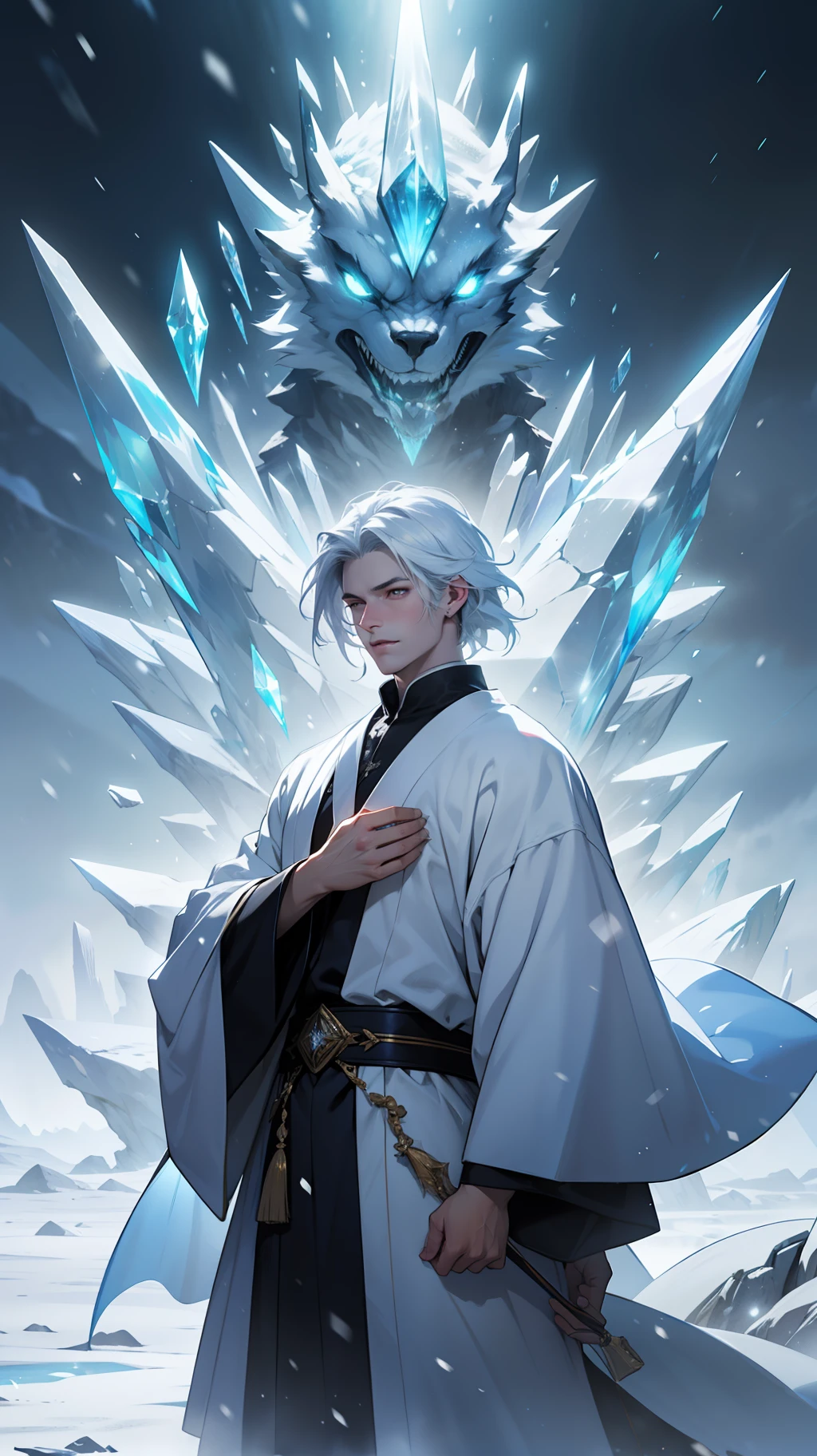 Libido boy,Young men,Super detailed wallpaper,Hi-Def,optimal quality,Snow and ice theme,Photorealistic photorealism,s fractal art,With light particles and volumetric light effects,crystal shards,Rendering,Ice and snow scenes,(crystal hair),Land of gems,(((Transparent hair))),Simple white clothes,long white robe,holy glow,Dingdall effect