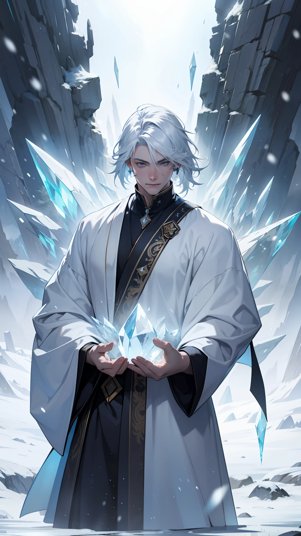 Libido boy，Young men，Super detailed wallpaper，Hi-Def，optimal quality，Snow and ice theme，Photorealistic photorealism，s fractal art，With light particles and volumetric light effects，crystal shards，Rendering，Ice and snow scenes，（crystal hair），Land of gems，（（（Transparent hair））），Simple white clothes，long white robe，holy glow，Dingdall effect