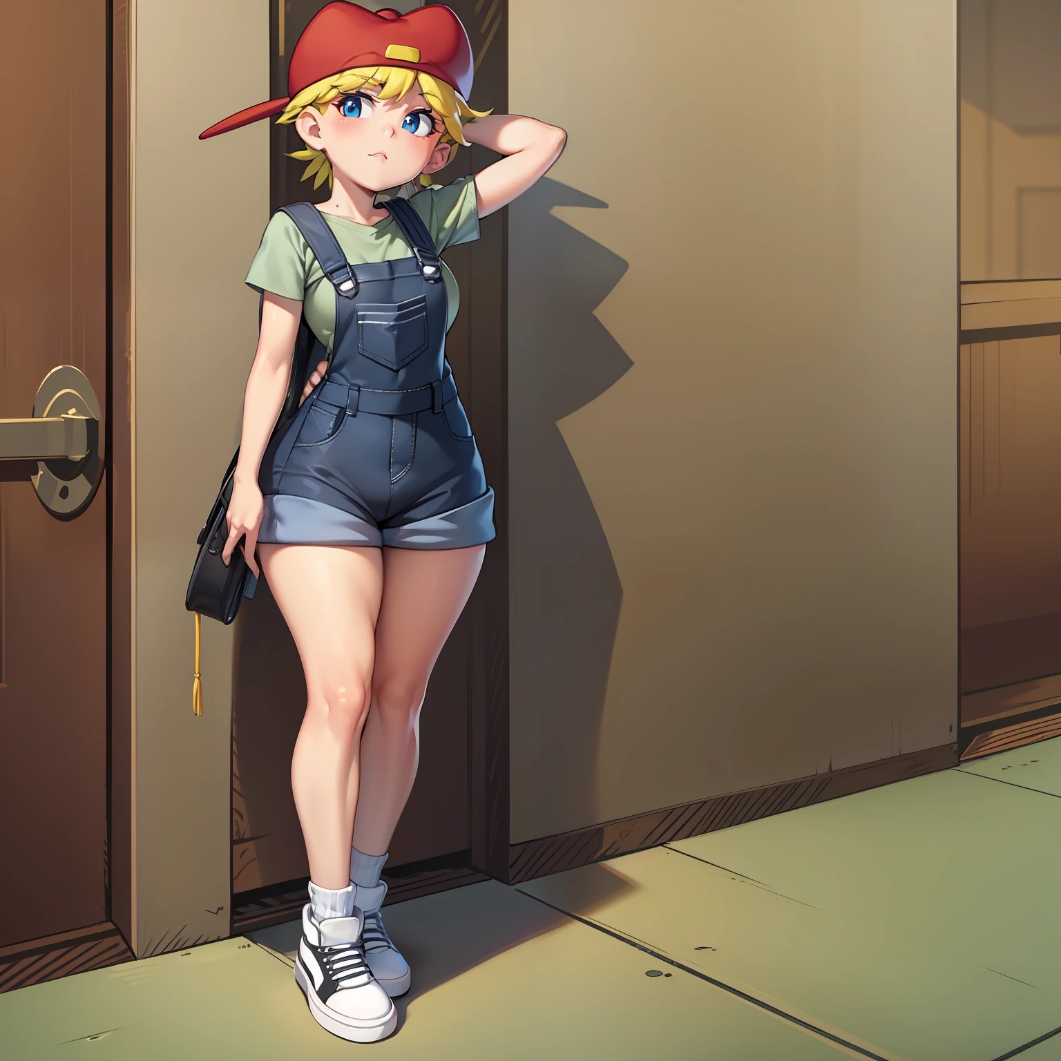 Lana Loud, overalls, red headwear, curvy arms, curvilinear legs, defined legs, sneakers