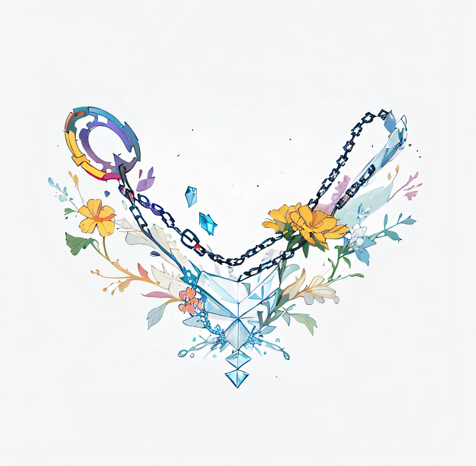 Colorful flowers and chains of crystal beads surround to form a V-shaped colorful tattoo pattern，The background is white，The pattern is colored