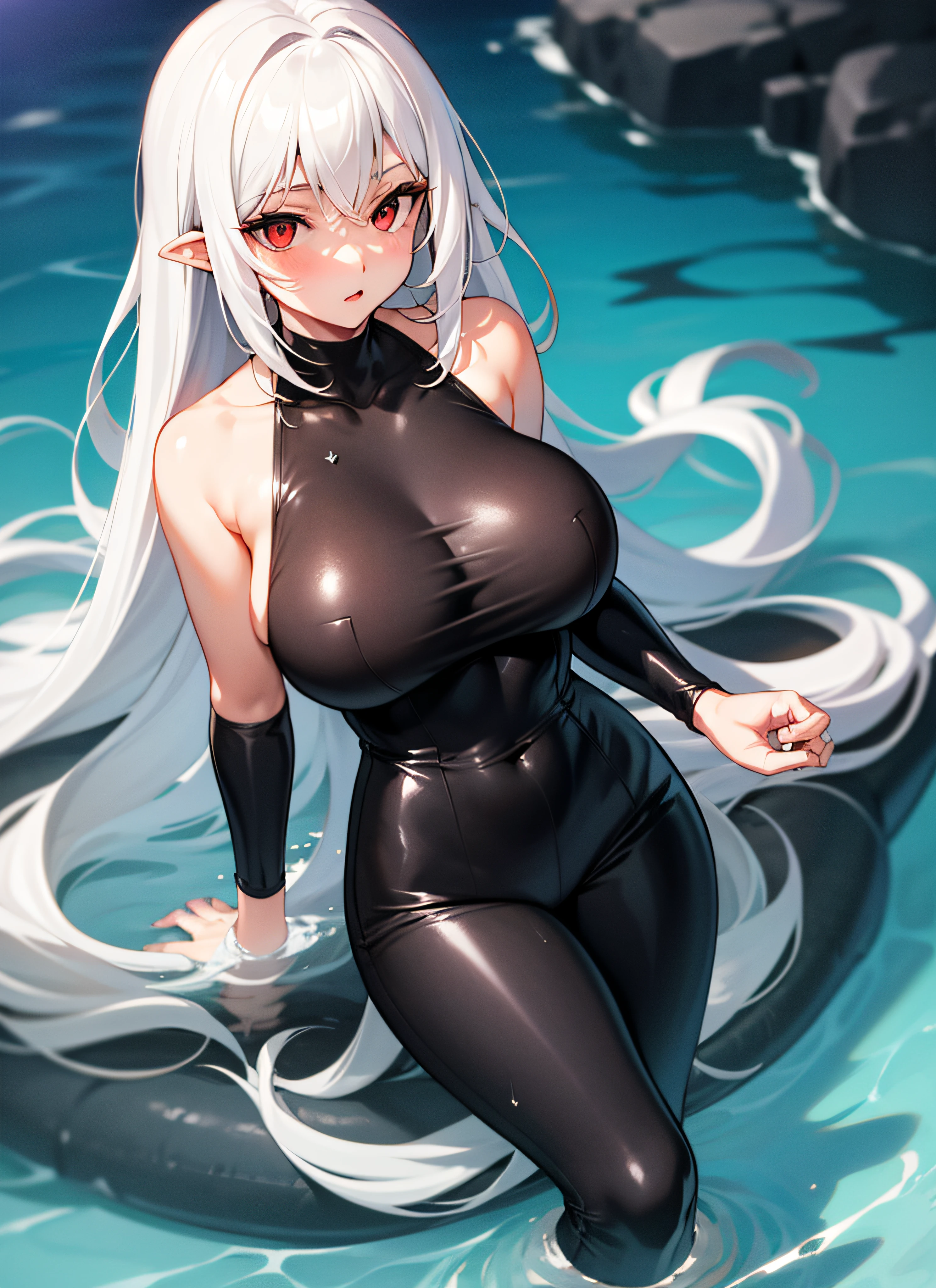 1girl huge large breasts,Red eyes, length hair, white hair, Topless,Black silk jumpsuit, The water