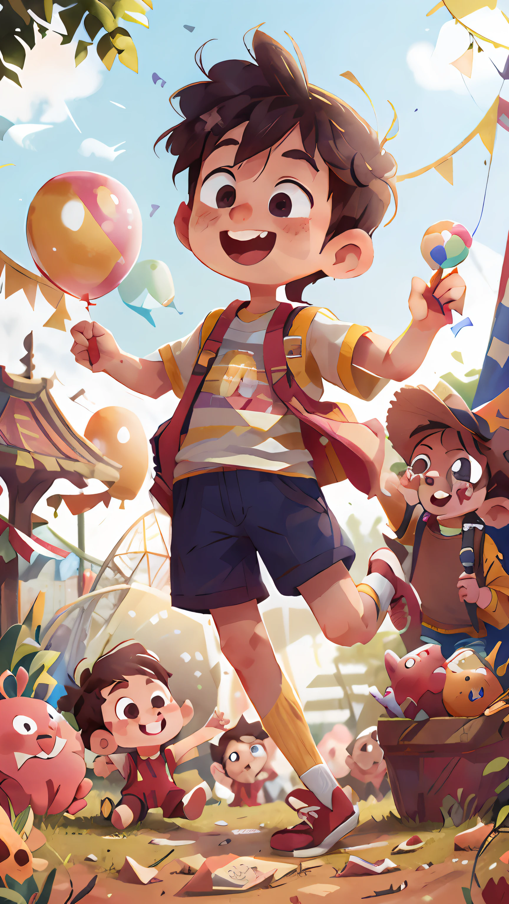 Poster making, Children's Day, in the amusement park, a little boy holding a balloon, happy, jumping, happy --v 6