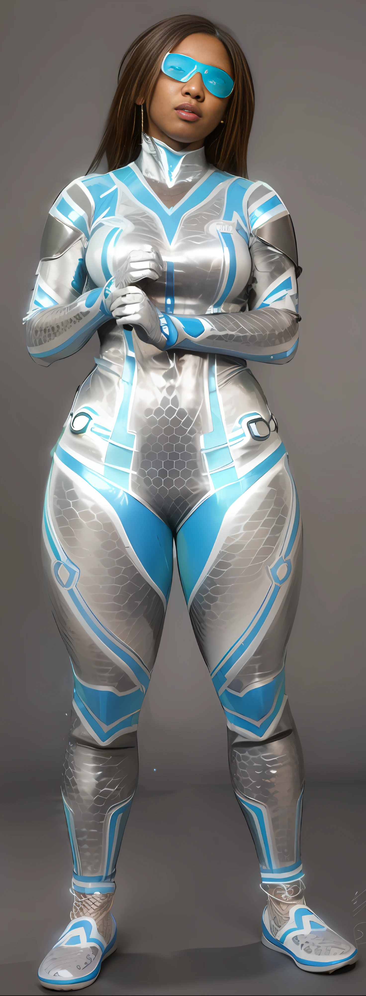 a woman in a silver and blue suit with a blue mask, thick smooth warframe thighs, Peau de science-fiction, Costume holographique, thick smooth warframe legs, Costume Varia Bioorganic de Samus Aran, thick warframe legs, cyber suit, energetic varia suit, Cybersuit, Cybercombinaisons, Tenue futuriste, Costume SCI - FI, echo from overwatch