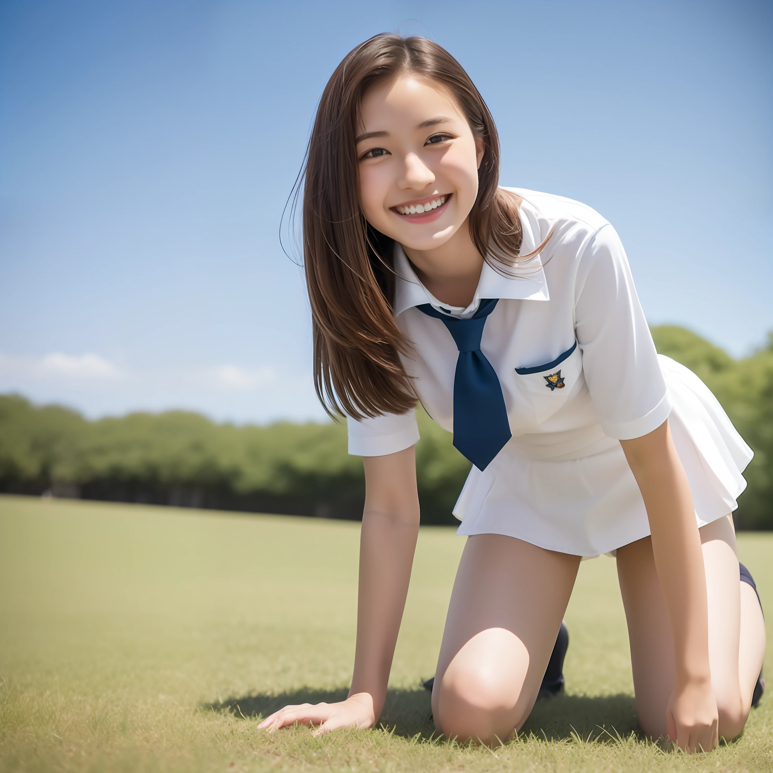 Arafed asian woman in uniform kneeling on grass in a park - SeaArt AI