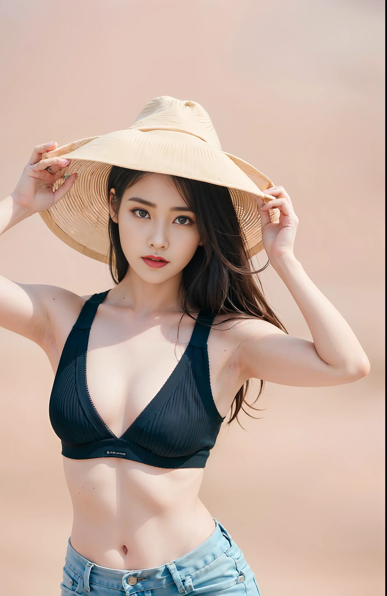 high quality fingers, normal hands, detailed fingers,masterpiece, (realistic, photo-realistic:1.37), (22 years old woman), medium breast, small waist, pink hair , green eyes, beautiful face, perfect illumination, beautiful detailed eyes,looking at viewer, stunningly beautiful woman, detailed hairstyle, detailed background, open sport bra, shorts, in city, (sweat:1)