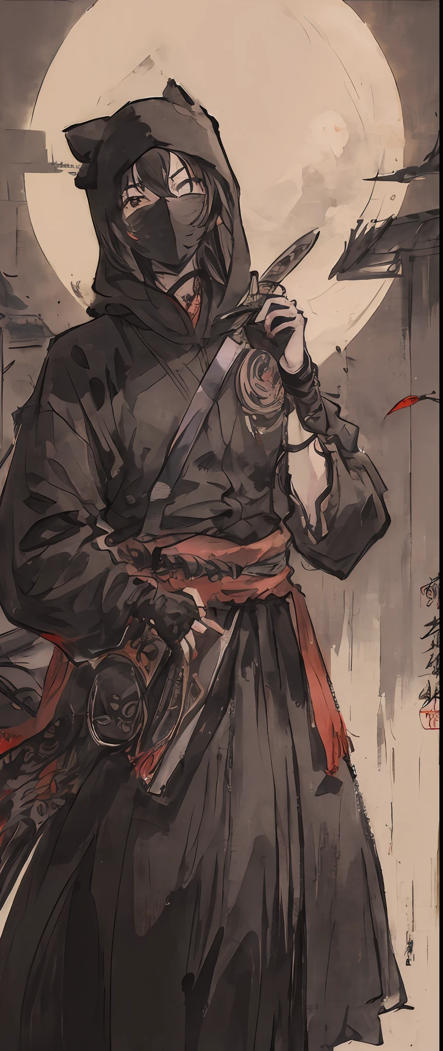 ((4K、A masterpice、最好质量、ninjas))、shuimobysim、Traditional Chinese Ink Painting、One Girl、Sharp eye light、fullmoon、by night、Knives、Ready、Ninja attire、Assassin、black-and-white、monochrome、Mouth mask、hood