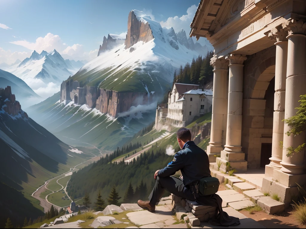 A research base in the mountains,Military base in the mountains,The young man sits on the ground,Majestic ancient architecture,Buildings on the hill,surrounded by cloud --auto