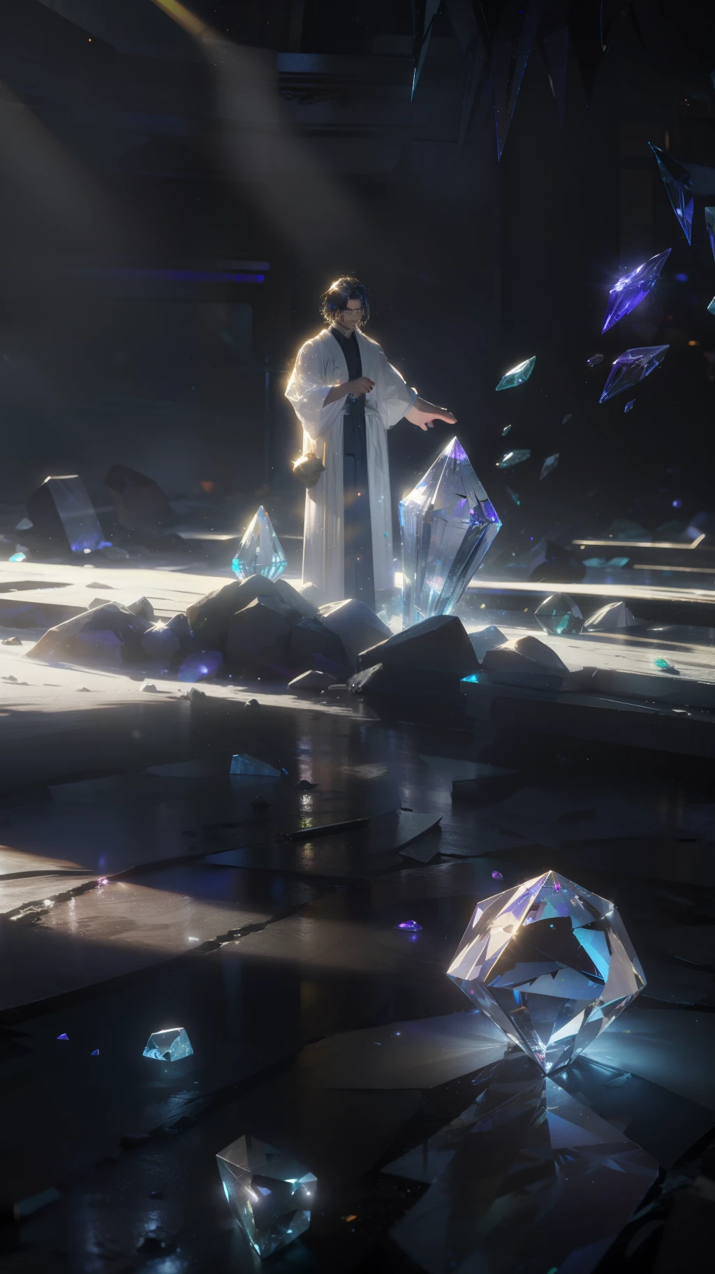 Man in a gauze dress,male,man,1boys,Young men,Photorealistic photorealism,With light particles and volumetric light effects,Scattered crystal fragments,Ice and snow,(crystal hair),Land of gems,((Transparent hair)),robe,holy glow