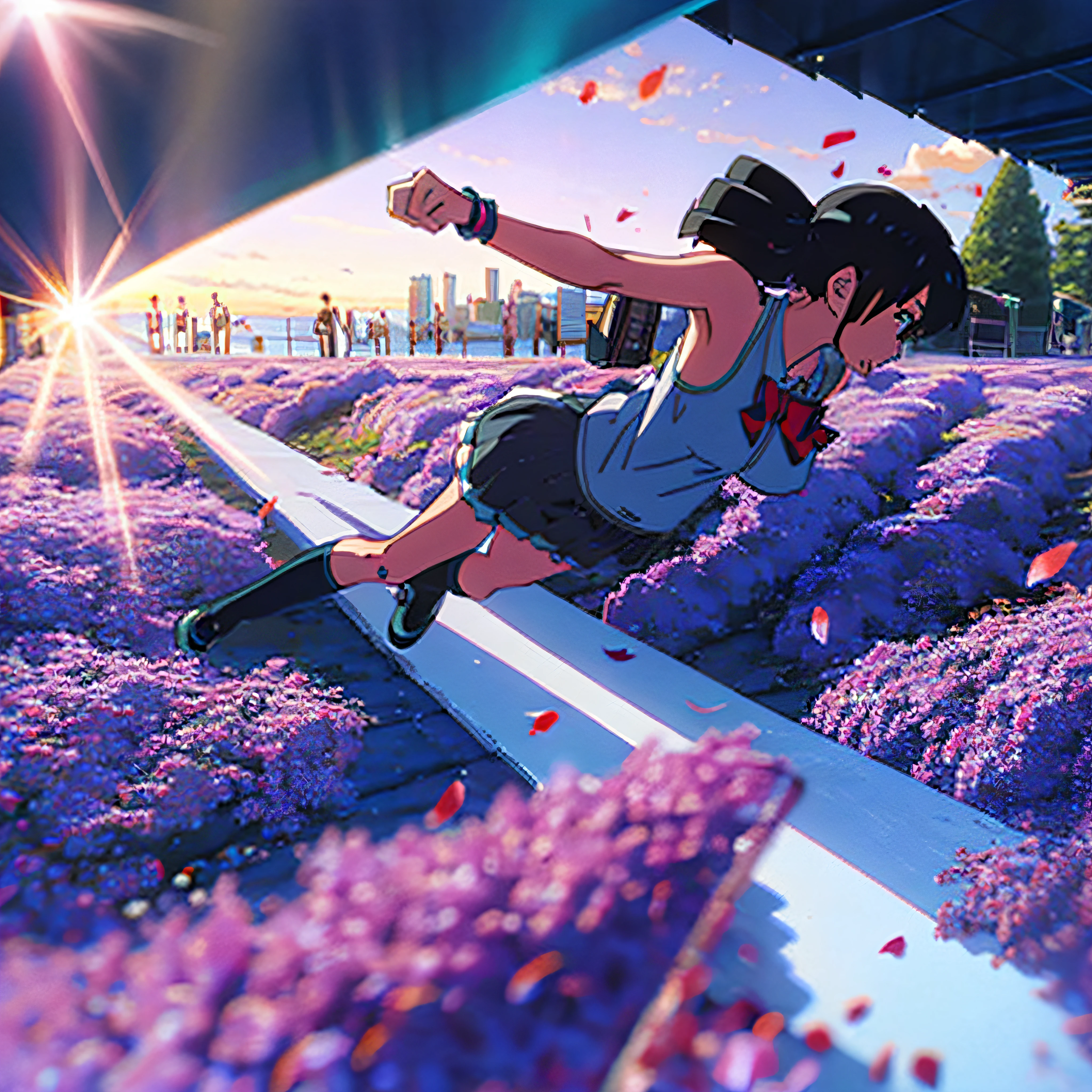Big breasts Hatsune Miku、haruhi、cherry blossums、Sun'rays、The action of falling、whitish skirt、Powdered