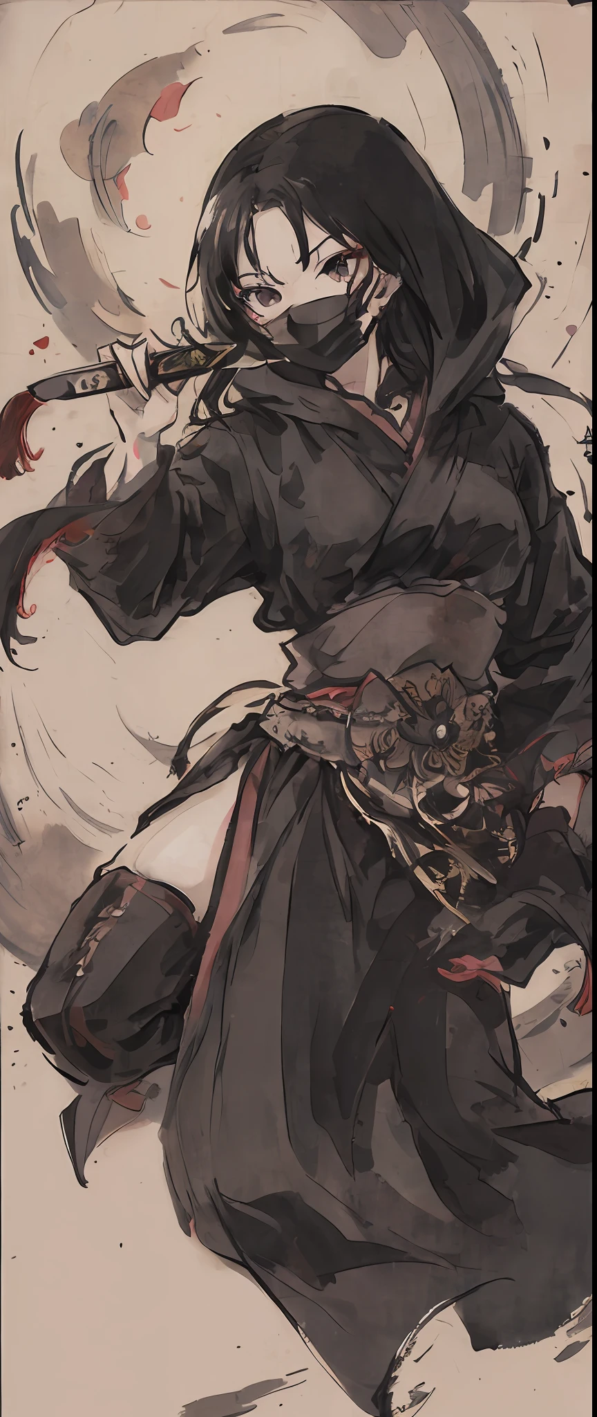 ((4K、A masterpice、最好质量、ninjas))、shuimobysim、Traditional Chinese Ink Painting、One Girl、Sharp eye light、fullmoon、by night、Knives、Ready、Ninja attire、Assassin、black-and-white、monochrome、Mouth mask、hood