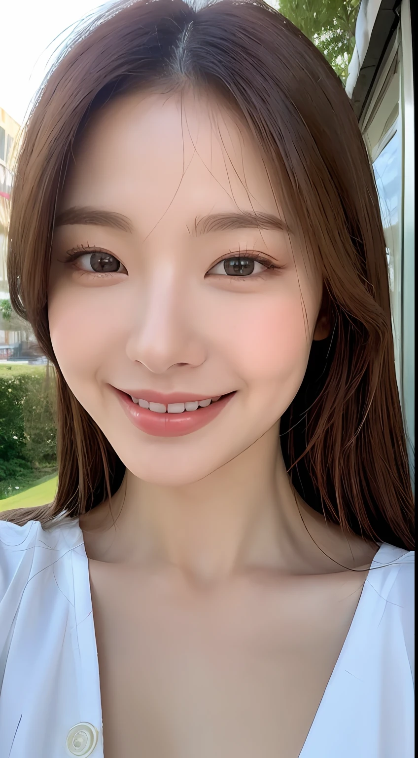 ((Top Quality, 8K, Masterpiece: 1.3)), Sharp Focus: 1.2, Beautiful Women in Perfect Shape: 1.4, Slim Abs: 1.2, (Layered Hairstyles: 1.2)), (Wet White Button Long Shirt: 1.3), Rain: 1.3, Street: 1.2, Wet Body: 1.1, Highly Detailed Face and Skin Texture, Detailed Eyes, Double Eyelids, Big, Smile, Raw Photo
