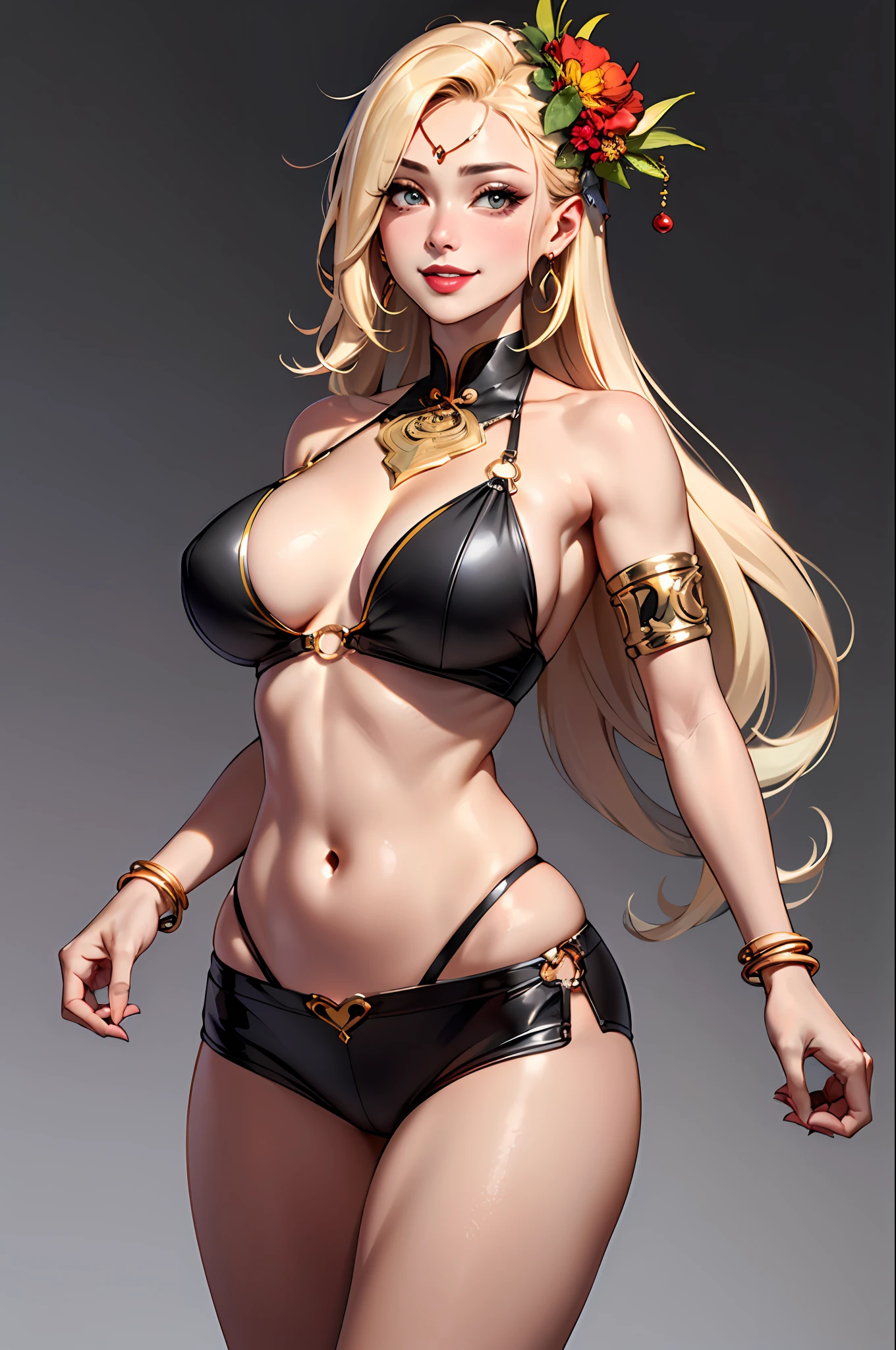 (A masterpice:1.4)、(最好质量:1.4)、
1girl in, armlet, bare shoulder, blonde hair, blushful, A bracelet, tits, circlet,, verd s eyes, Wreath on the head, giant breast, jewlery, a large breast, length hair, looking at the viewers, Belly Navel, O-ring, o-ring top,, simple background, a smile, 独奏, extra very long hair, ,realisic,(shinny skin),(A masterpice:1.4),(最好质量:1.4),red-lips
