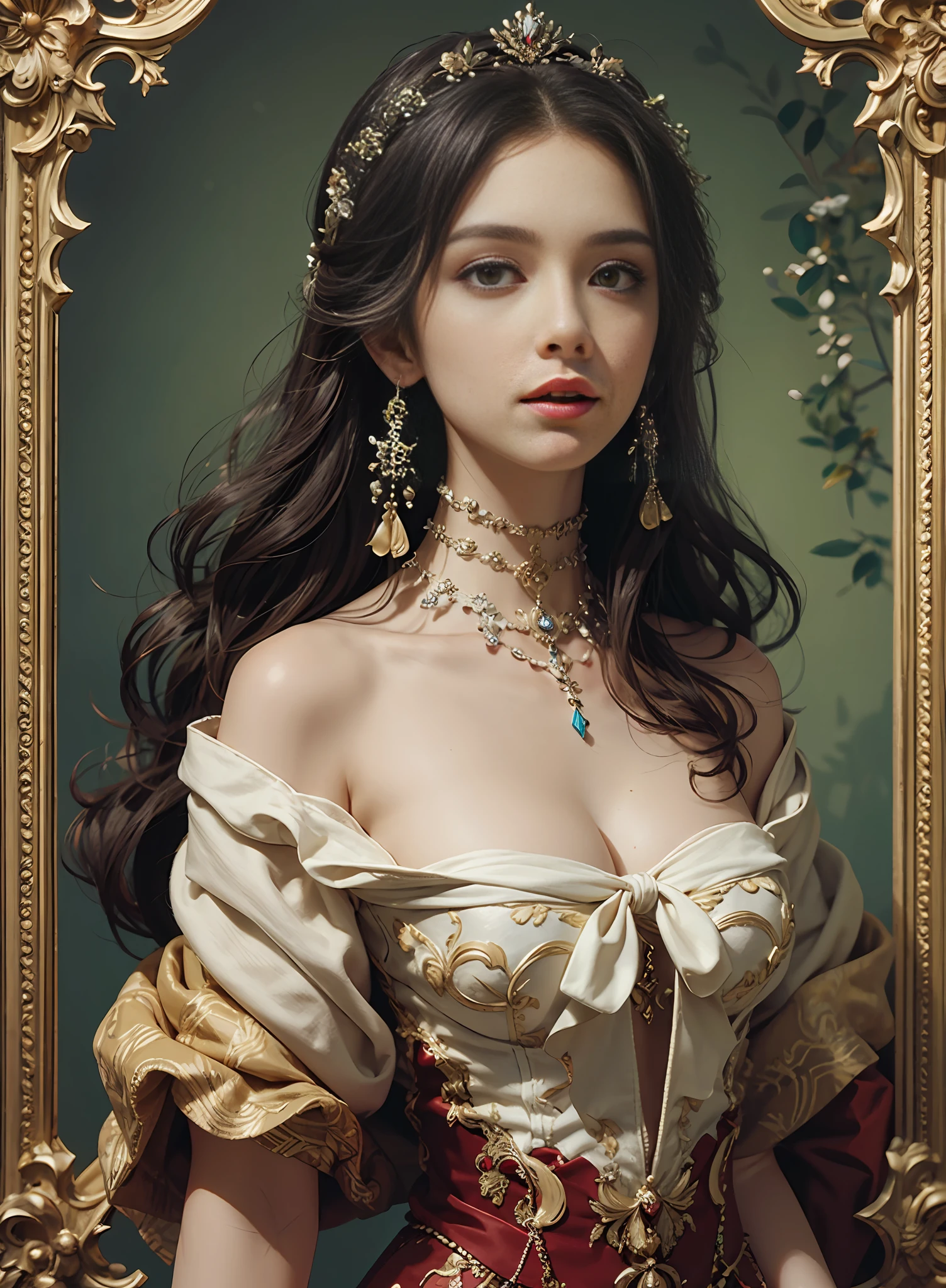 European woman with medium breasted, ornamentada, descendo a escada do castelo branco