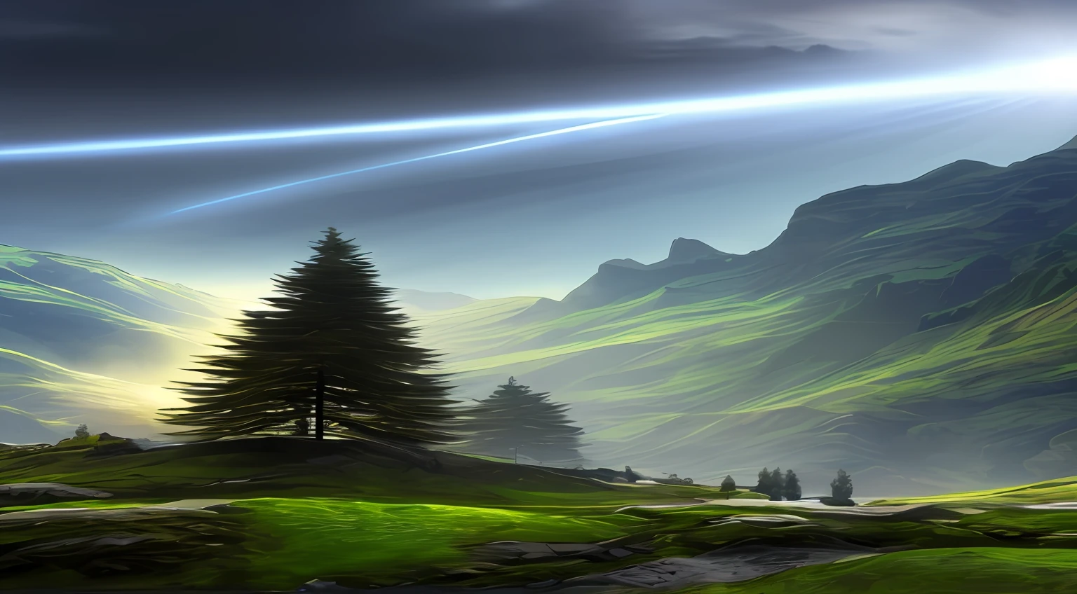 Paisagem realista, bem nitido, 8k, bem definido, montanhas, nuvens, celestial, paraiso, raios de sol atravessando as nuvens, deus, divino, paz.