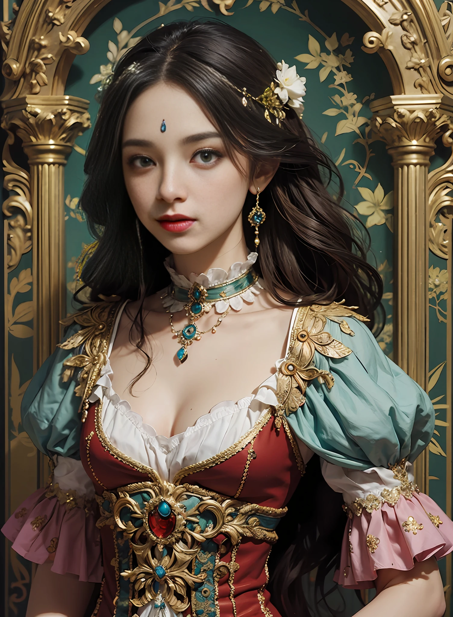 European woman with medium breasted, ornamentada, descendo a escada do castelo branco