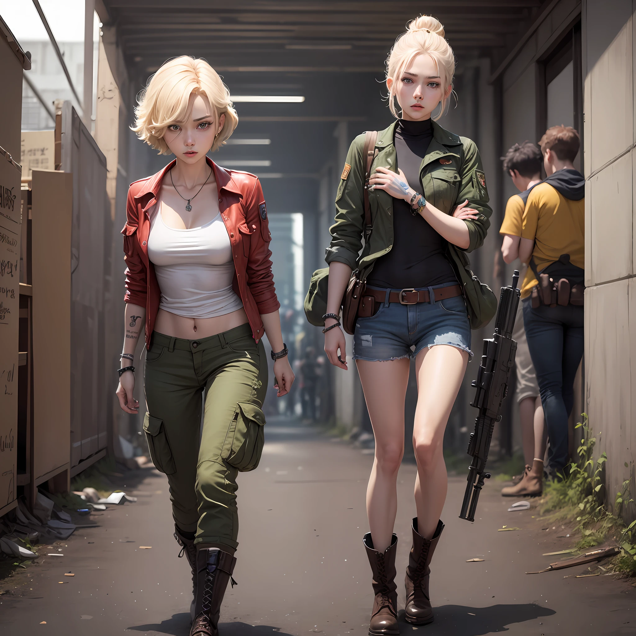 独奏、アニメ、Beautiful colors、a blond、short-hair、babes、独奏, ((very detailed eyes and faces)))),dynamism、cigarettes、Smoking、revolvers、Handgun、A devastated world、long boots、ripped clothing、Camisa blanca、Cargo pants、Resident evil、A bracelet、impurity、blemishes、Cool、ren、Whole human body、In battle、The tattoo、odd eye、dynamism、movement、Minitary、tank、rifle、Sniper rifle、assault rifle、Handgun、cartridge