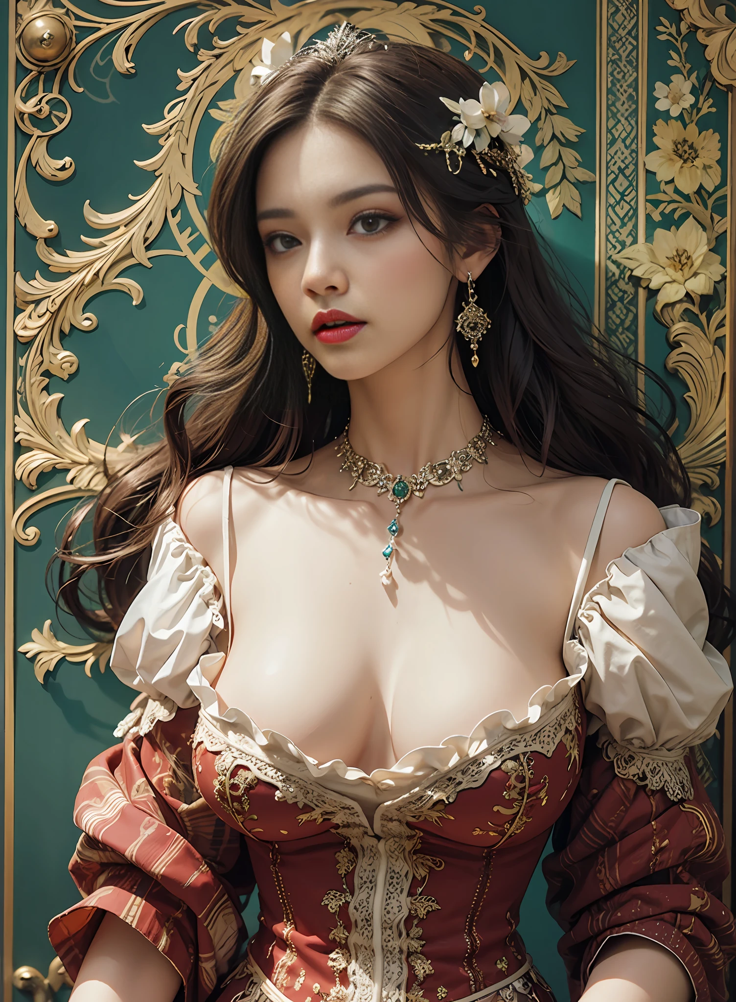 European woman with medium breasted, ornamentada, descendo a escada do castelo branco