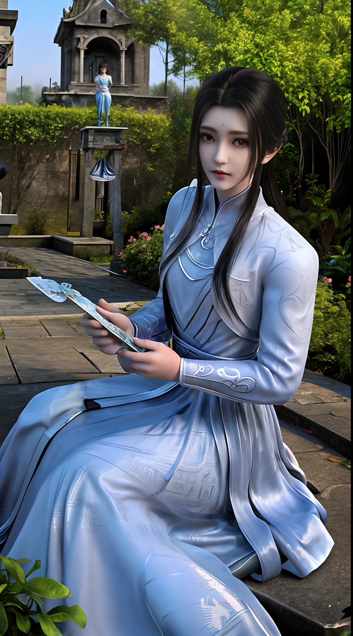 (巨作), High picture quality, faerie, Antique painting style, Sit on your knees, A white dress, Beautiful face, Garland embellishment, Gentle mist,Tranquil water, Next to the ancient well, Light makeup, warmtones, Engraved details, exquisite texture.