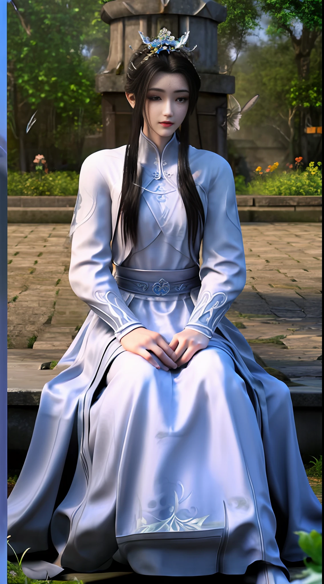 (巨作), High picture quality, faerie, Antique painting style, Sit on your knees, A white dress, Beautiful face, Garland embellishment, Gentle mist,Tranquil water, Next to the ancient well, Light makeup, warmtones, Engraved details, exquisite texture.