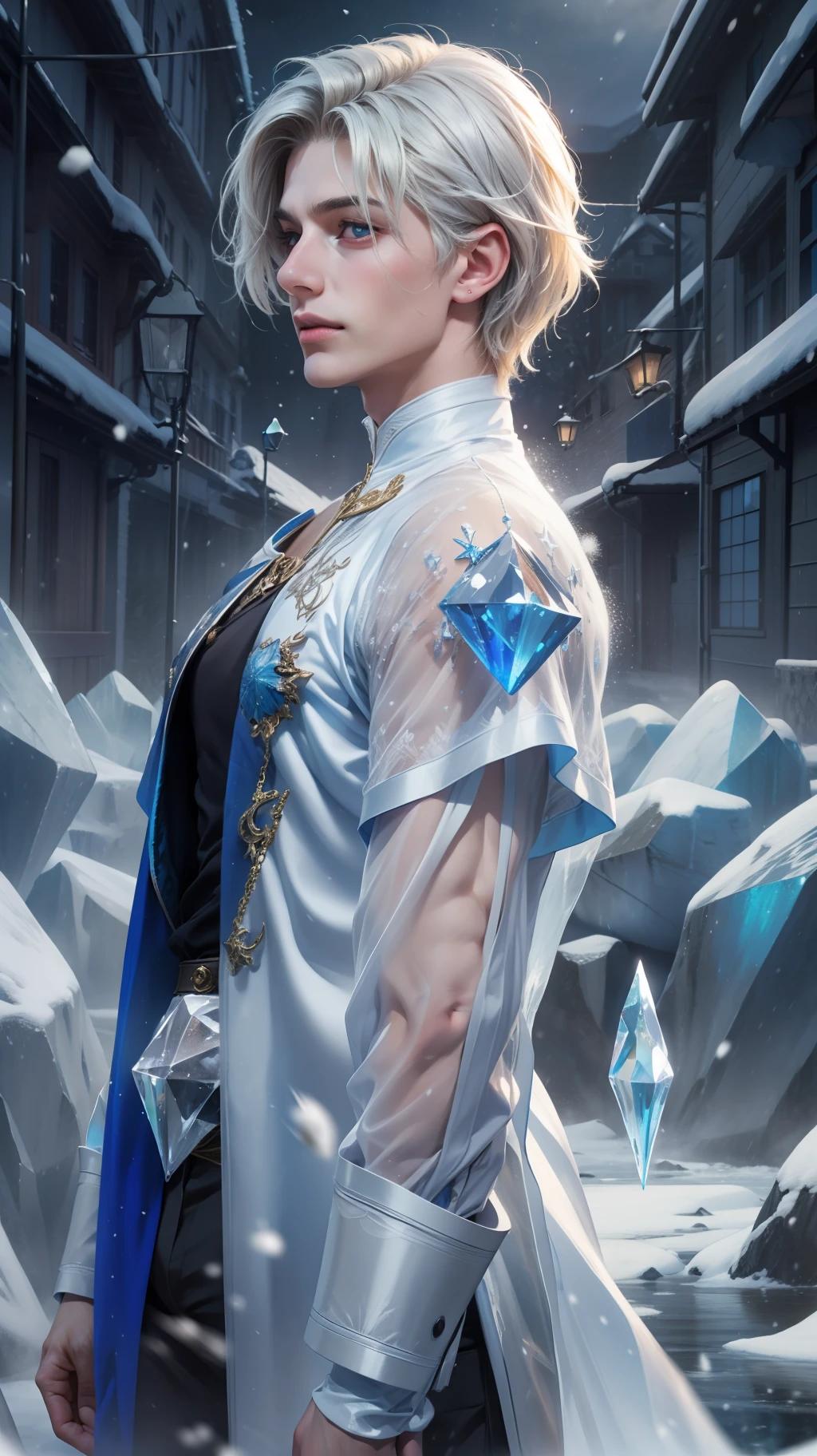 1boys，Young men，Male，superdetailed，Wallpapers，Hi-Def，optimal quality，（Ice and snow），Photorealistic photorealism，light particules，volumettic light，Photorealistic rendering，crystal shards，Ice and snow，Hair made of crystals，Land of gems，Transparent hair，White tulle，Gauze clothes，Flowing clothes