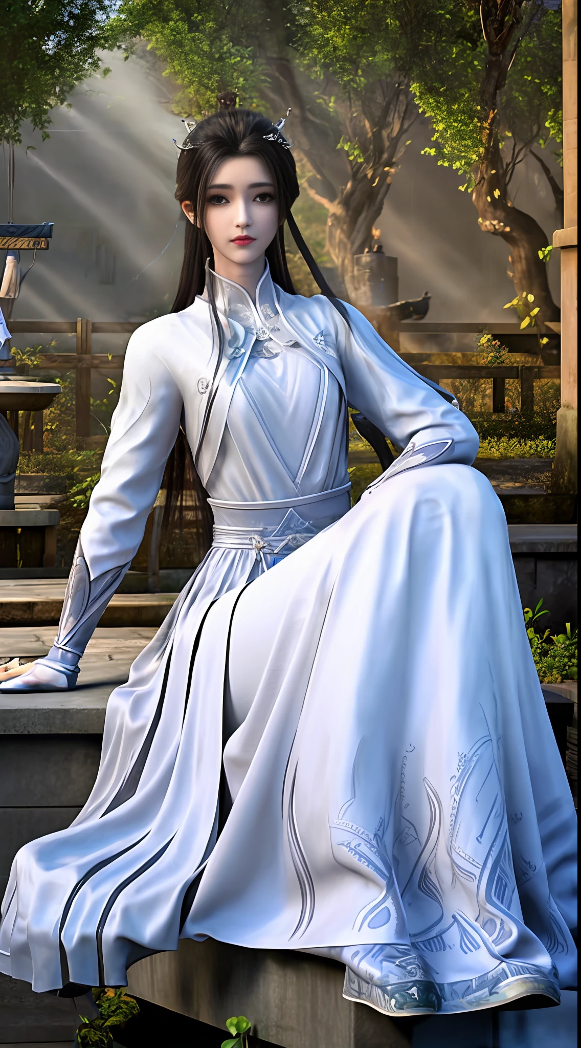 (巨作), High picture quality, faerie, Antique painting style, Sit on your knees, A white dress, Beautiful face, Garland embellishment, Gentle mist,Tranquil water, Next to the ancient well, Light makeup, warmtones, Engraved details, exquisite texture.