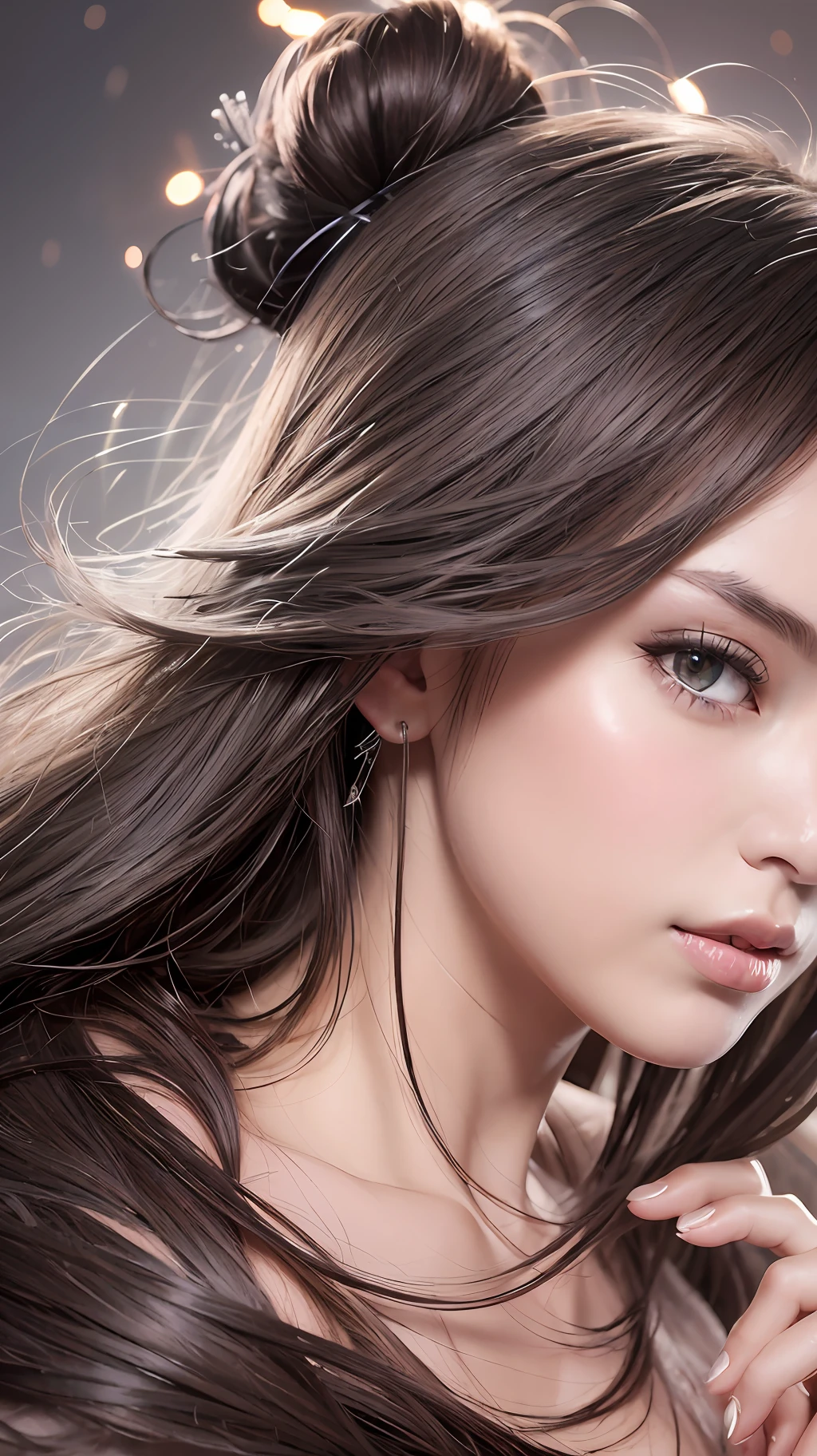 extremely details CG、8k Top Quality、Super beautiful、Super beautiful、1 female、skyrocket、Detailed eye、Detailed nose、Detailed mouth、black har、Longhaire、Night、portlate、skin whitening、Lustrous skin、focus、firework、bath robe、japanes、I'm writing my hair up、Spoiled look