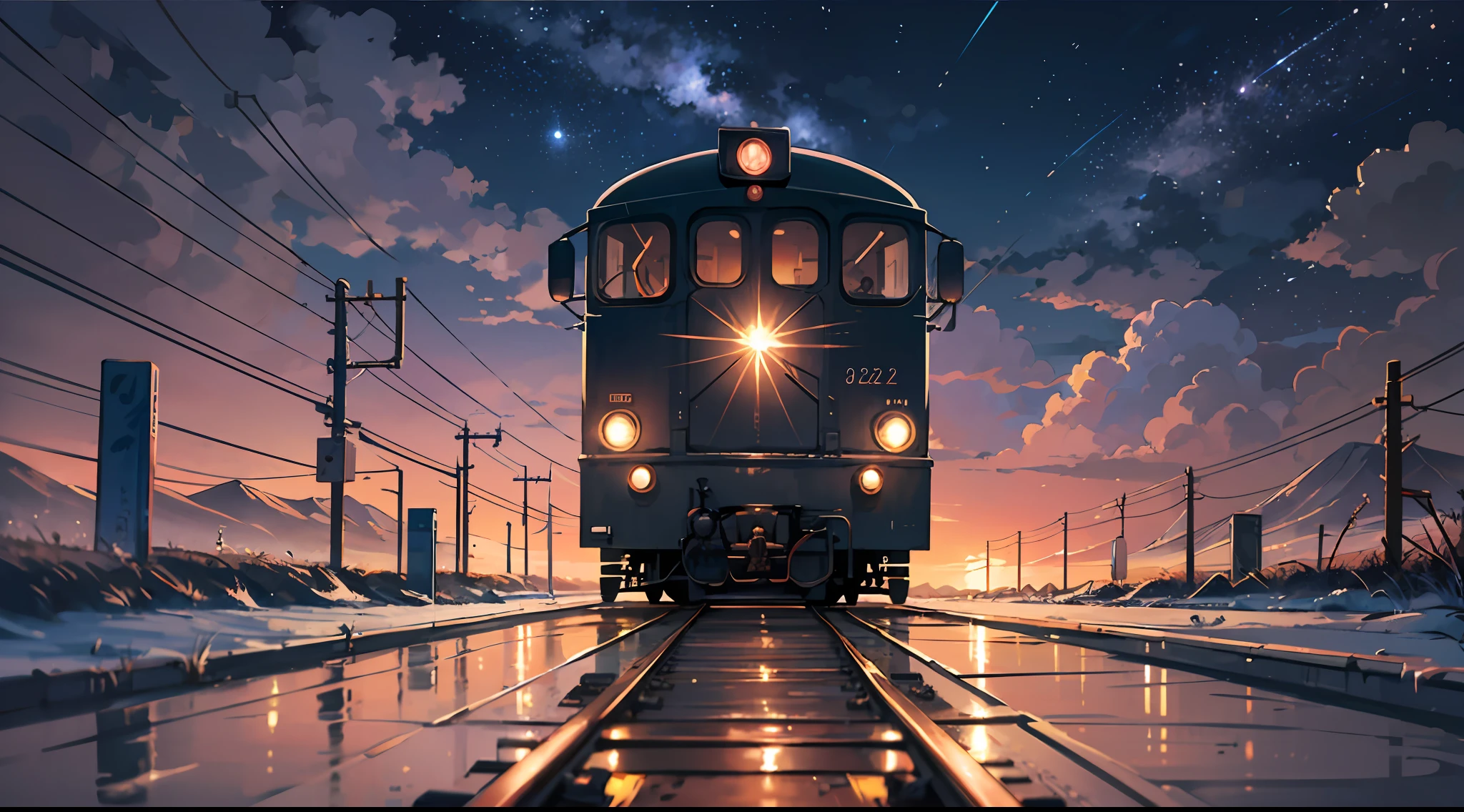 High quality masterpiece, landscape, anime train passing through bodies of water on tracks, bright starry sky. Romantic train, pixiv, concept art, lofi art style, reflection. by Makoto Shinkai, lofi art, Beautiful anime scene, Anime landscape, detailed scenery —width 672, in style of Makoto shinkai, style of Makoto shinkai, enhanced details.