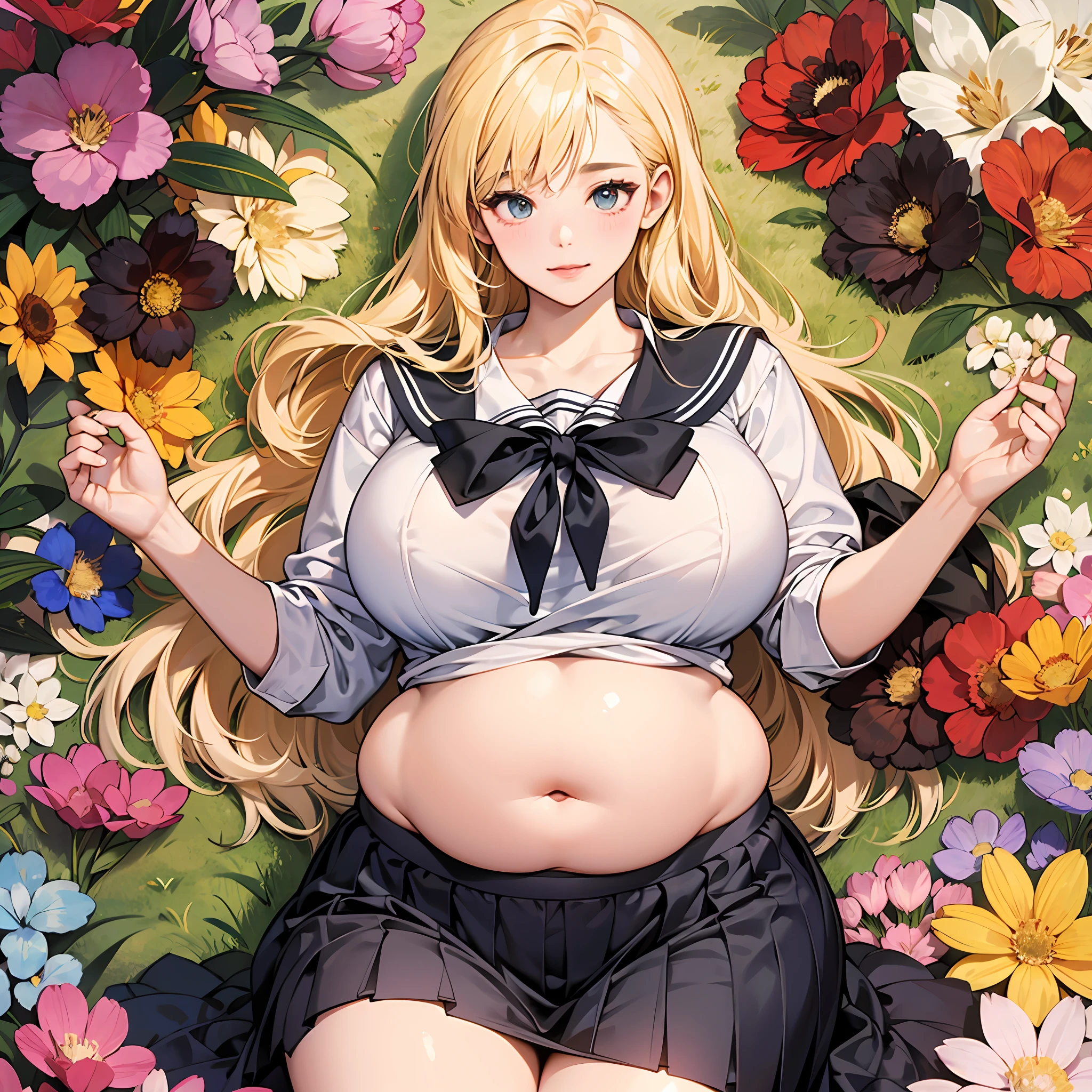 A masterpice、最好质量、Very beautiful and delicate and、Highly detailed and intricate details、brightly colored、colourfull、(A schoolgirl)、(gals)、shorth hair、(pale yellow hair)、shiny tanned skin、huge long breasts、bbw、chubby tummy、Curvaceous、Fat belly、Fat woman、4k --auto