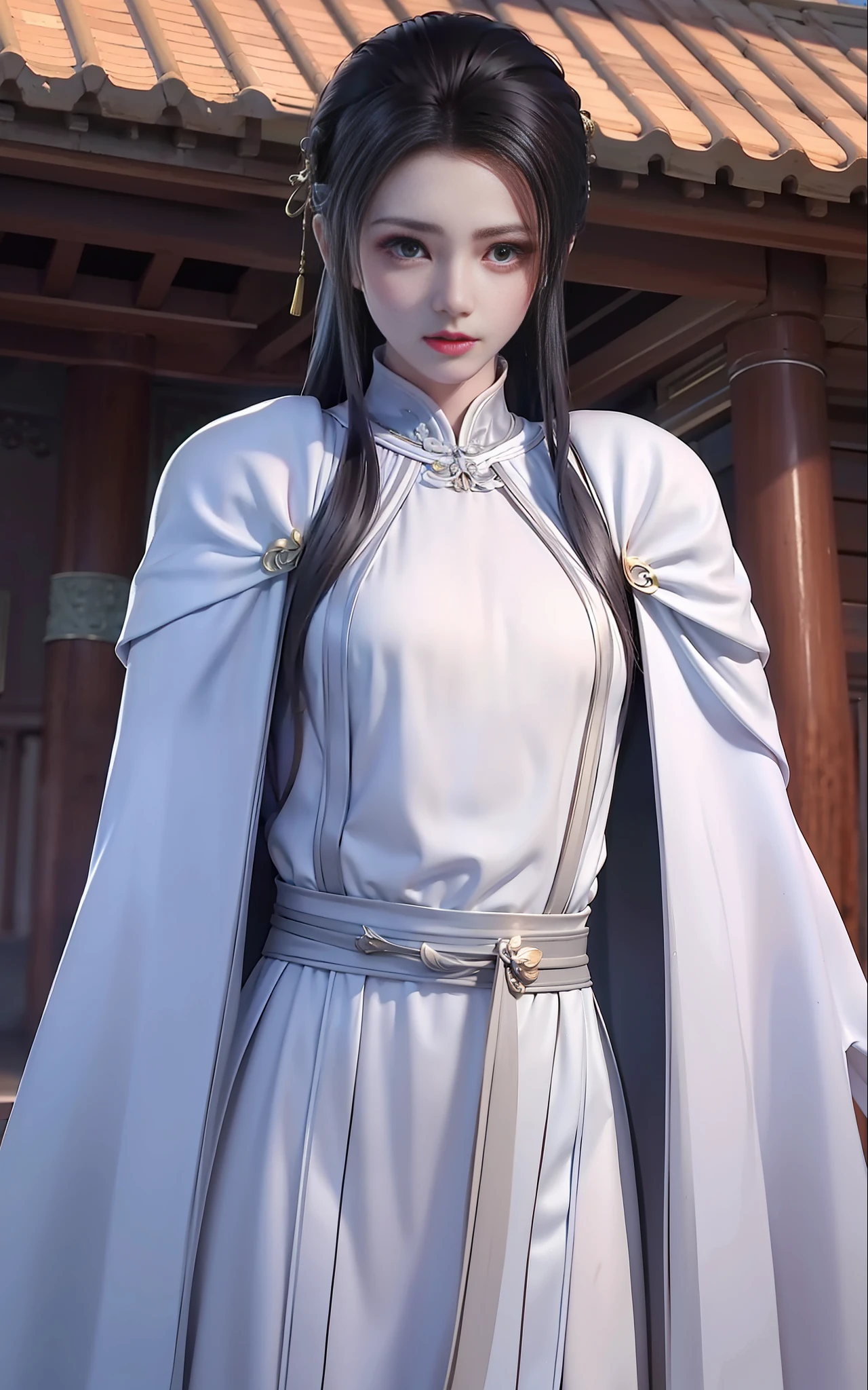 Wuxia，White robe white，length hair，Ancient buildings，Deep mountains