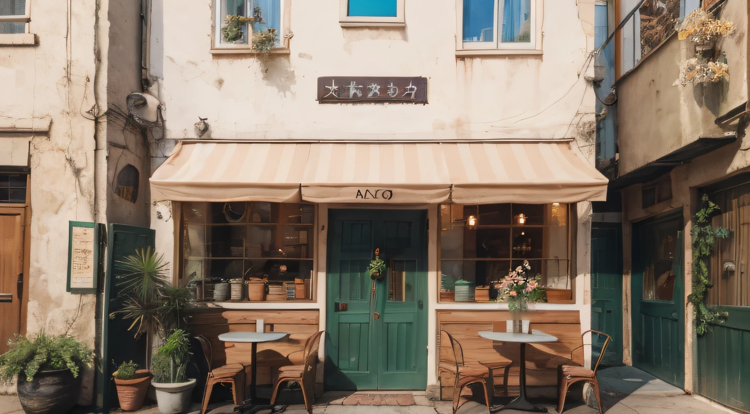 cat,flower, no_humans, window, chair, table, plant, scenery, door, potted_plant, stool, vase, flower_pot, cafe, cutebuild style